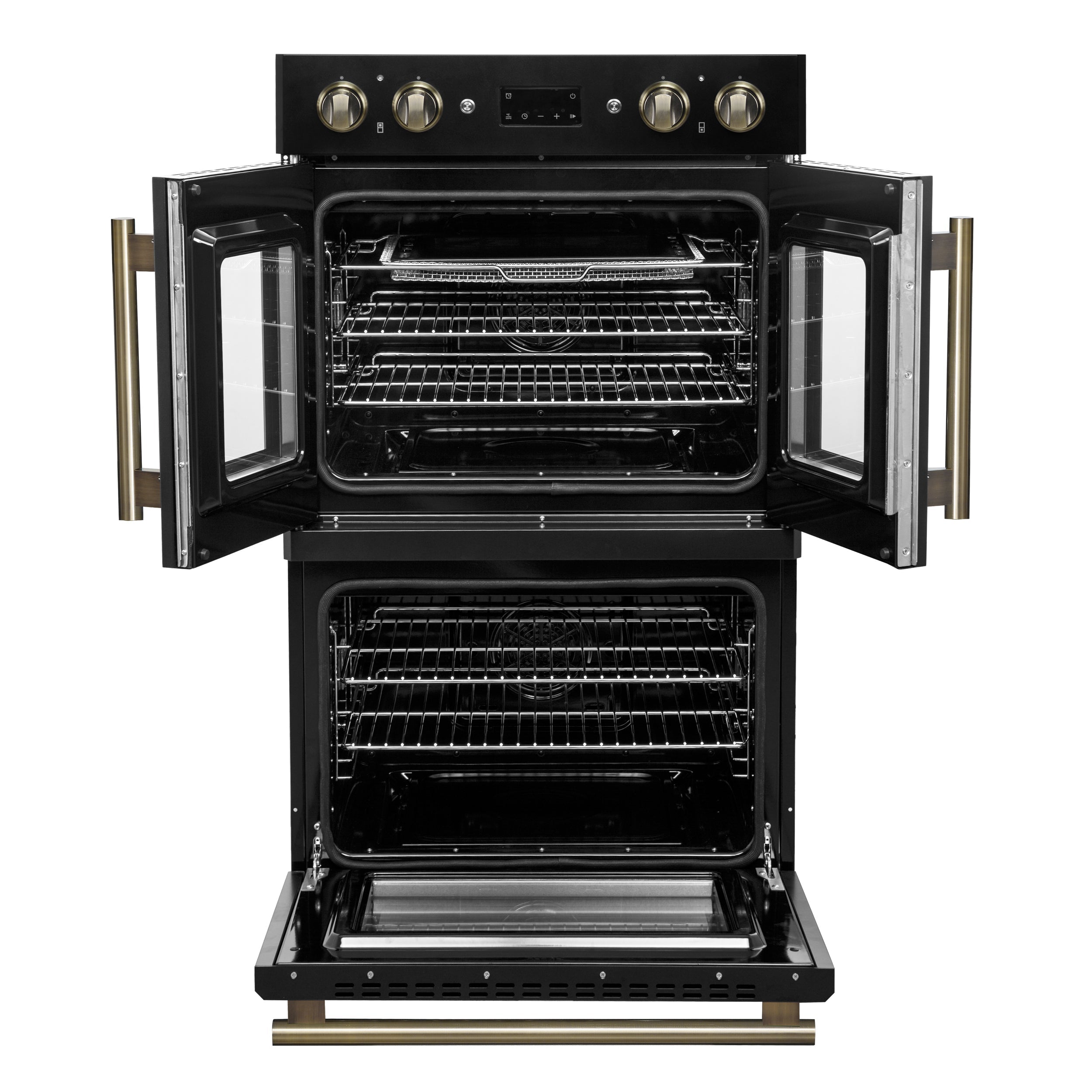 FORNO Asti 30-Inch Double Electric Wall Oven, 7.36 Cu. Ft., French Door, Air Fry, Self-Clean, Sous Vide, Black with Antique Brass Accents (FBOEL1340-30BLK)