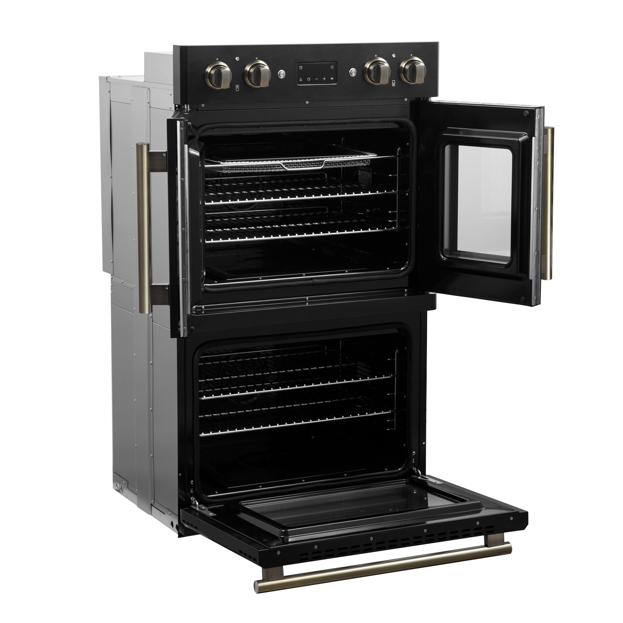 FORNO Asti 30-Inch Double Electric Wall Oven, 7.36 Cu. Ft., French Door, Air Fry, Self-Clean, Sous Vide, Black with Antique Brass Accents (FBOEL1340-30BLK)