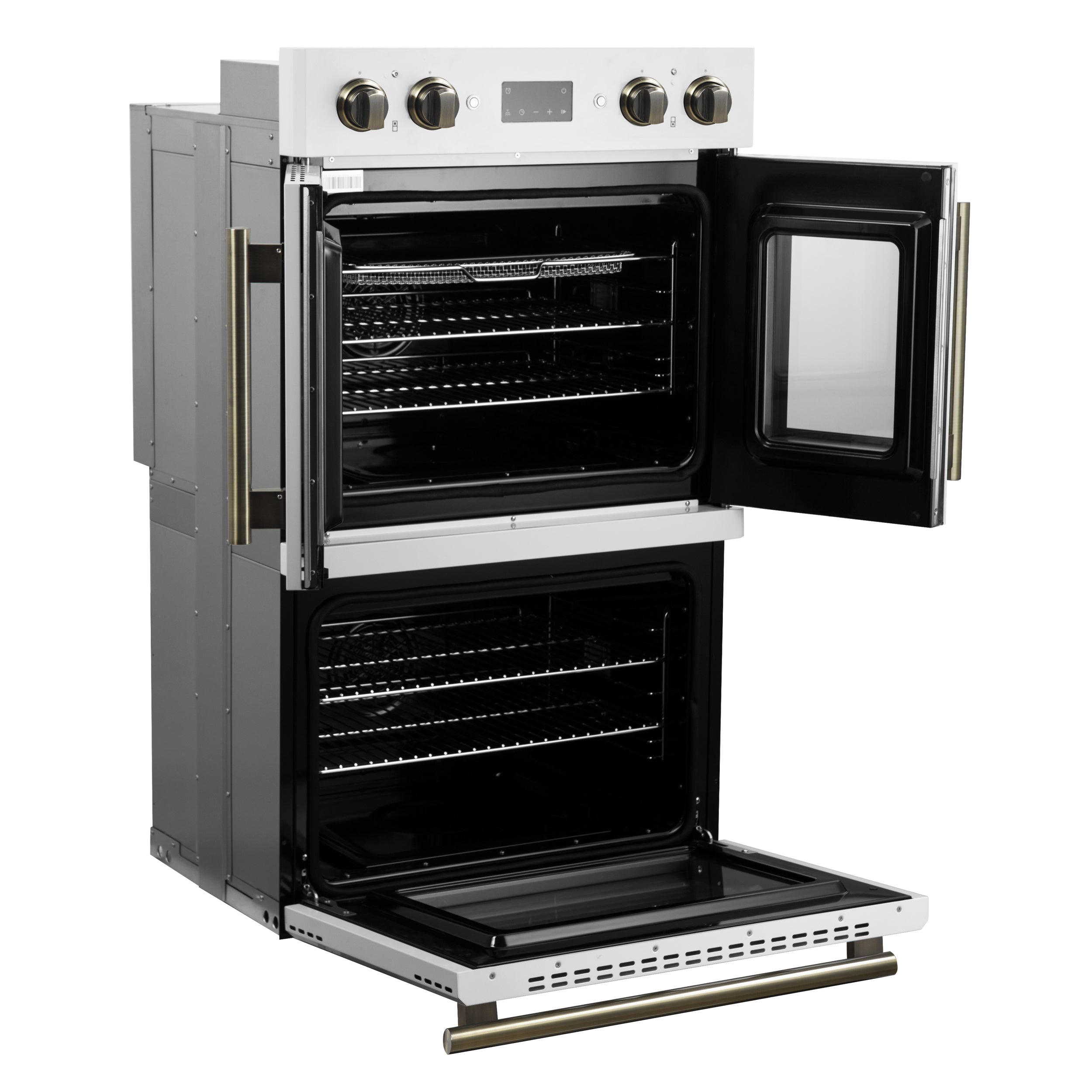 FORNO Asti 30-Inch French Door Double Electric Wall Oven, 7.36 cu. ft., Air Fry, Self-Clean, Sous Vide, White with Antique Brass Accents (FBOEL1340-30WHT)