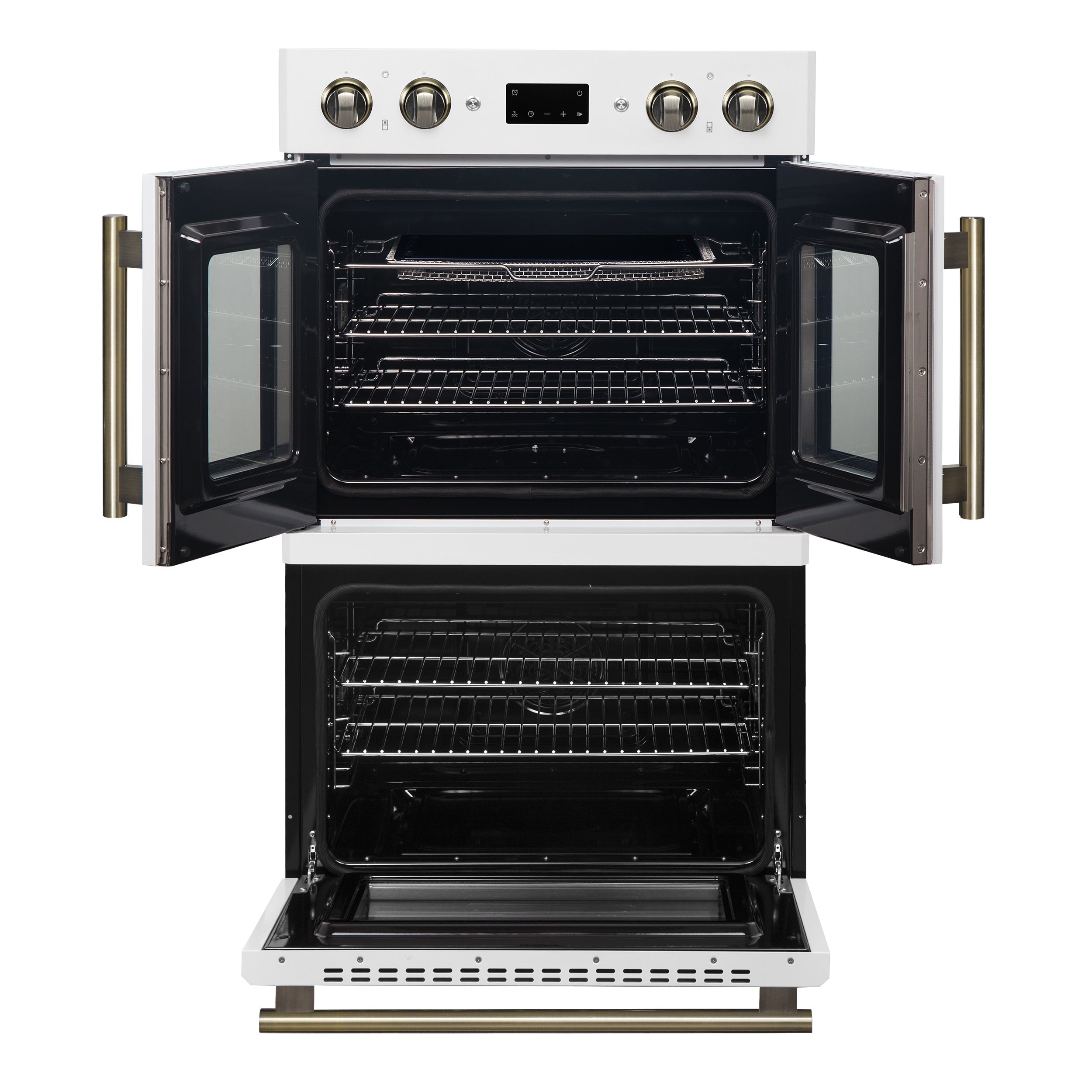 FORNO Asti 30-Inch French Door Double Electric Wall Oven, 7.36 cu. ft., Air Fry, Self-Clean, Sous Vide, White with Antique Brass Accents (FBOEL1340-30WHT)
