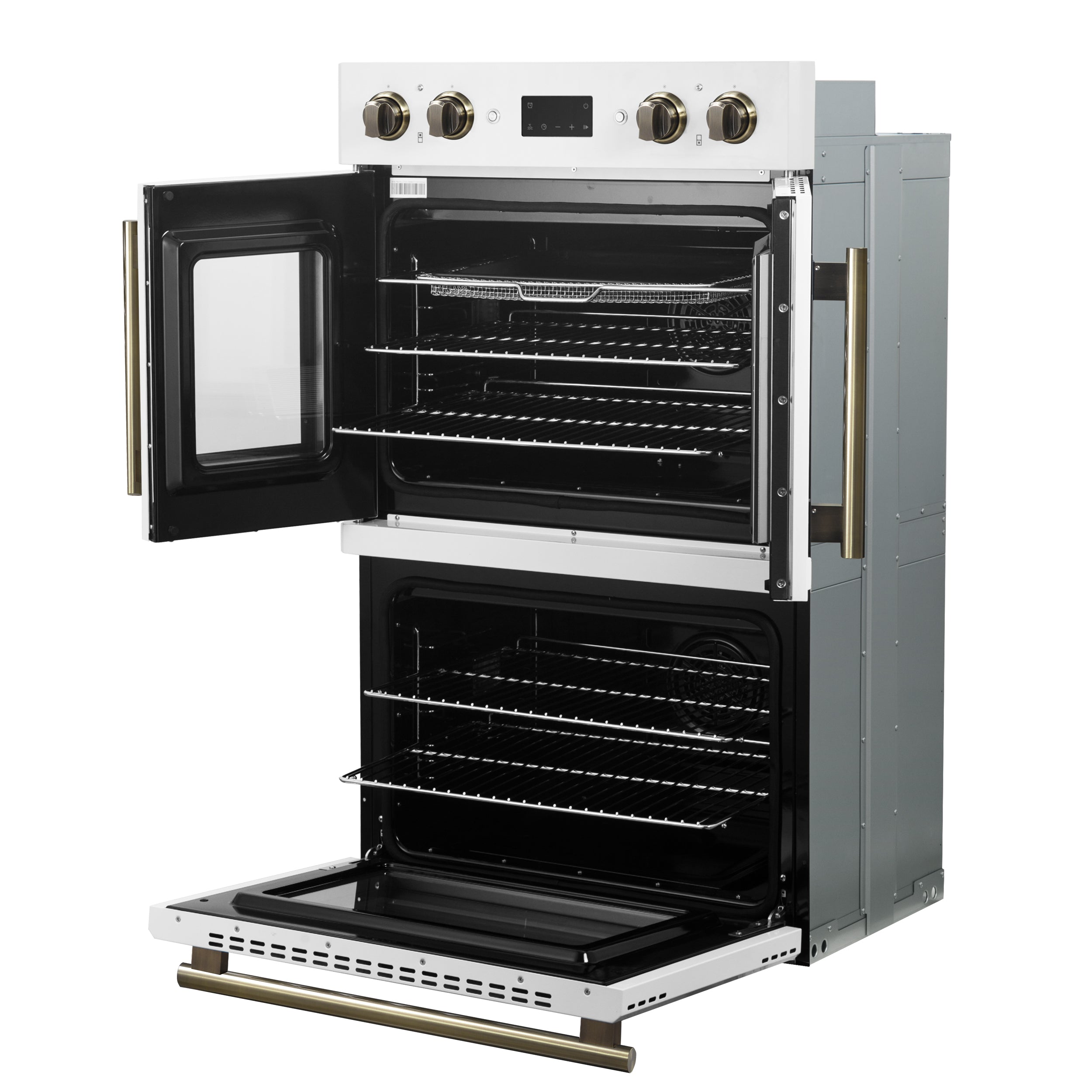 FORNO Asti 30-Inch French Door Double Electric Wall Oven, 7.36 cu. ft., Air Fry, Self-Clean, Sous Vide, White with Antique Brass Accents (FBOEL1340-30WHT)