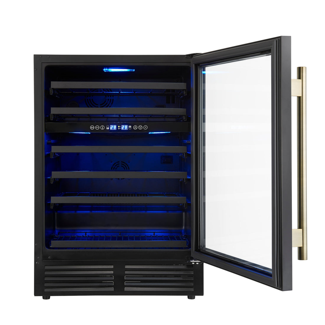 FORNO Bacchino 24-Inch Dual Zone Wine Cooler, 51-Bottle Capacity, Triple-Glass Door, Black with Antique Brass Accents (FWCDR6634-24KBLK)