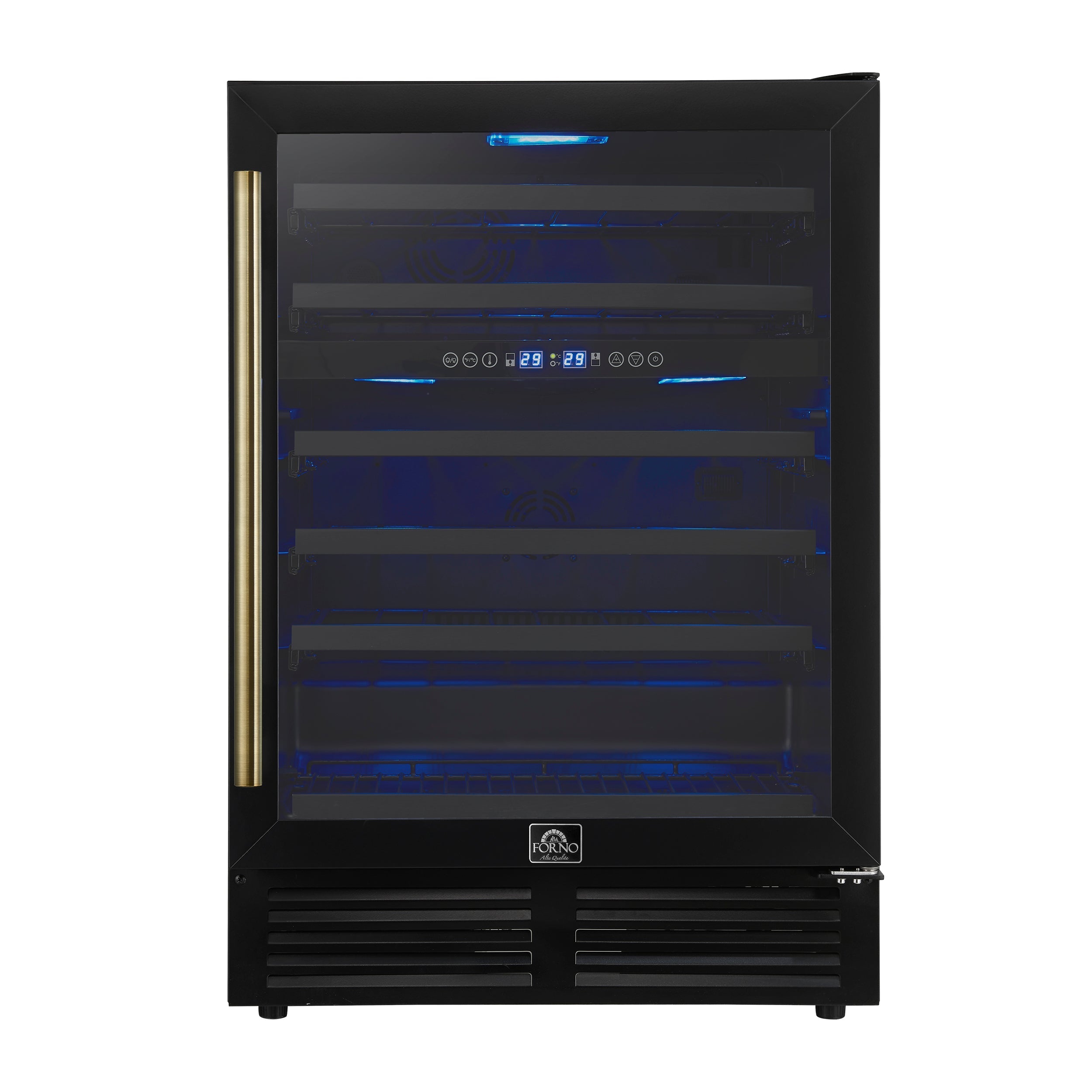 FORNO Bacchino 24-Inch Dual Zone Wine Cooler, 51-Bottle Capacity, Triple-Glass Door, Black with Antique Brass Accents (FWCDR6634-24KBLK)