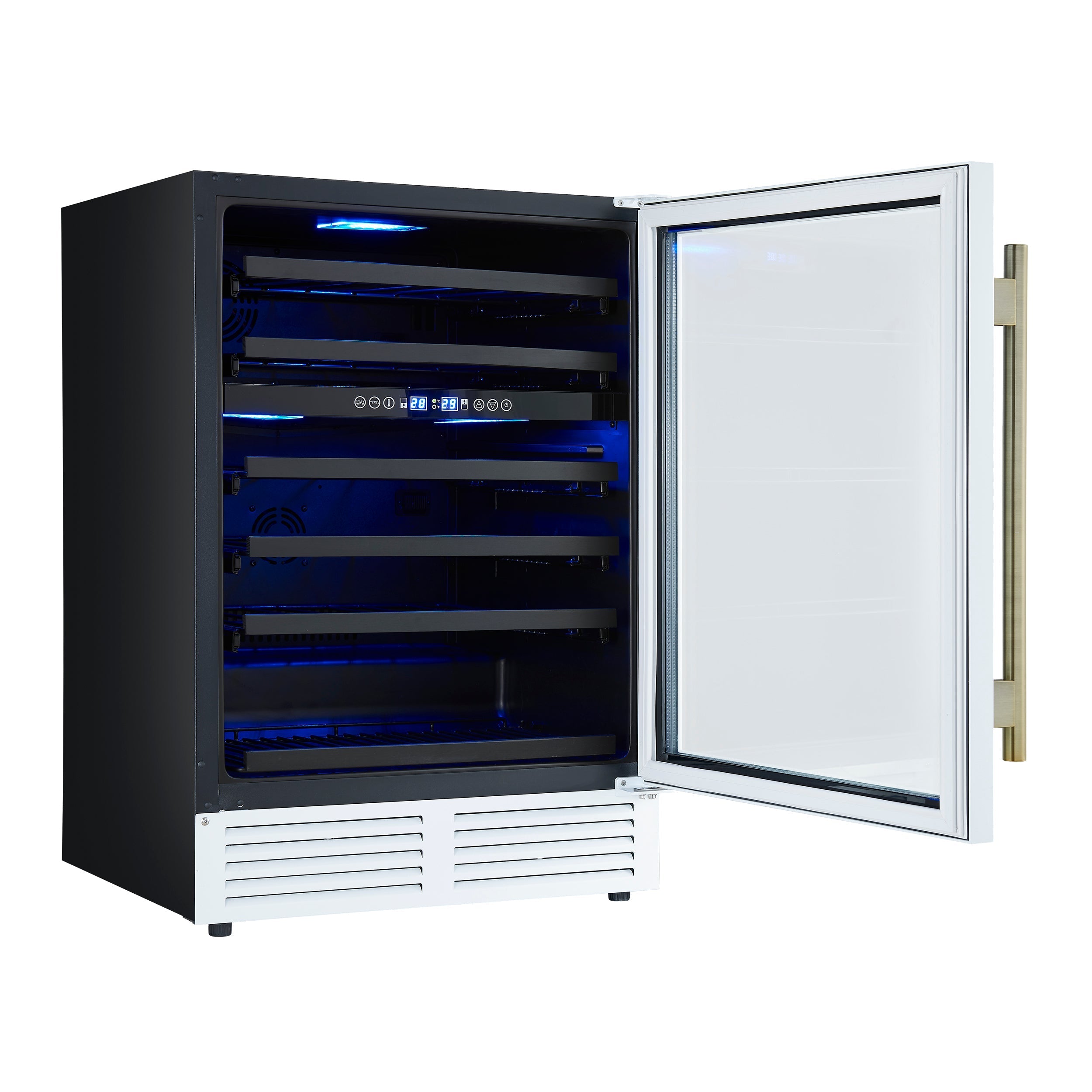 FORNO Bacchino 24-Inch Dual Zone Wine Cooler, 51-Bottle Capacity, Triple-Glass Door, LED Interior Lighting, White with Antique Brass Accents (FWCDR6634-24WHT)
