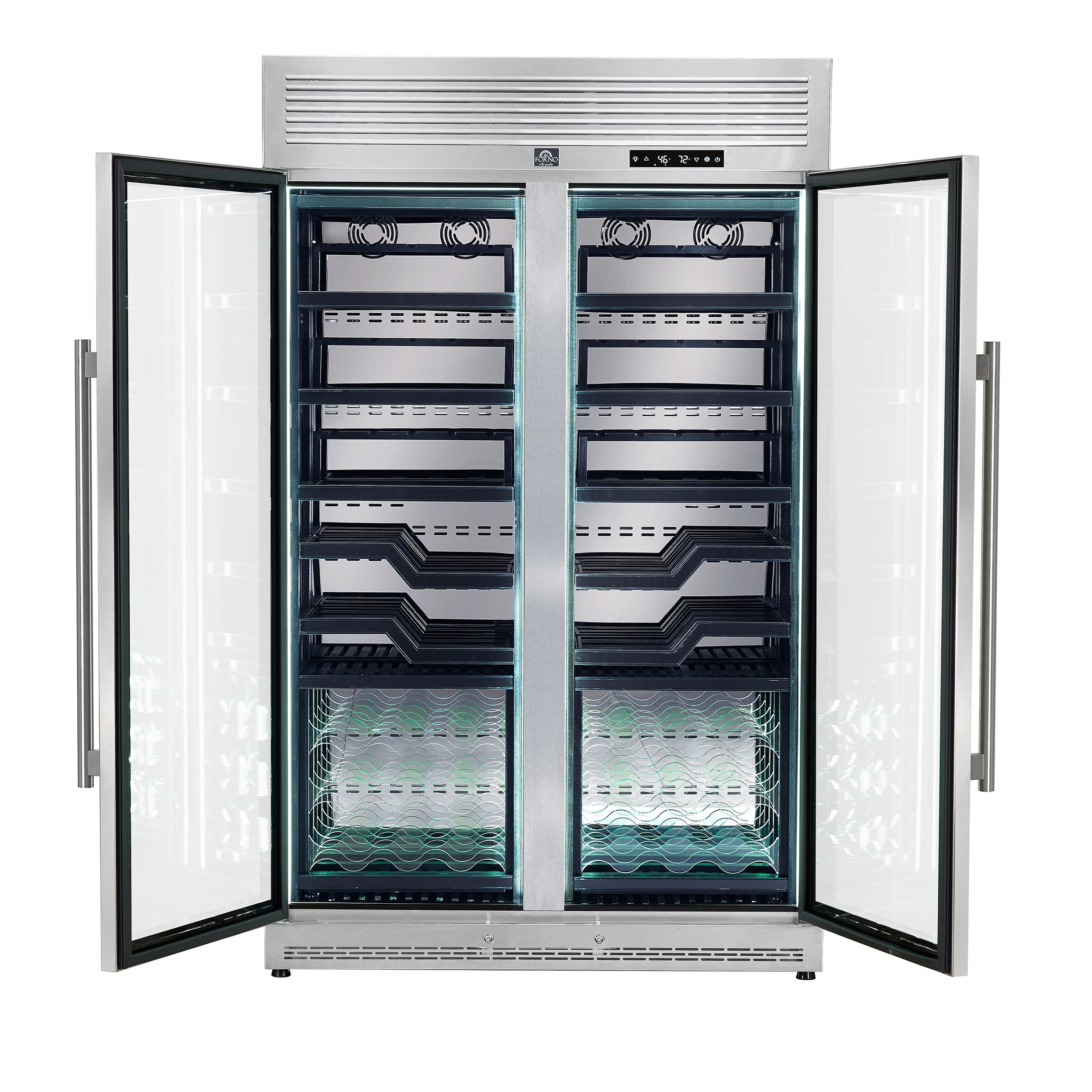 FORNO Abruzzo 48-Inch Dual Zone Wine Cooler, 24 cu.ft., 102-Bottle Capacity, Black Shelves with Green Acrylic Holders (FWCDR6610-48S)