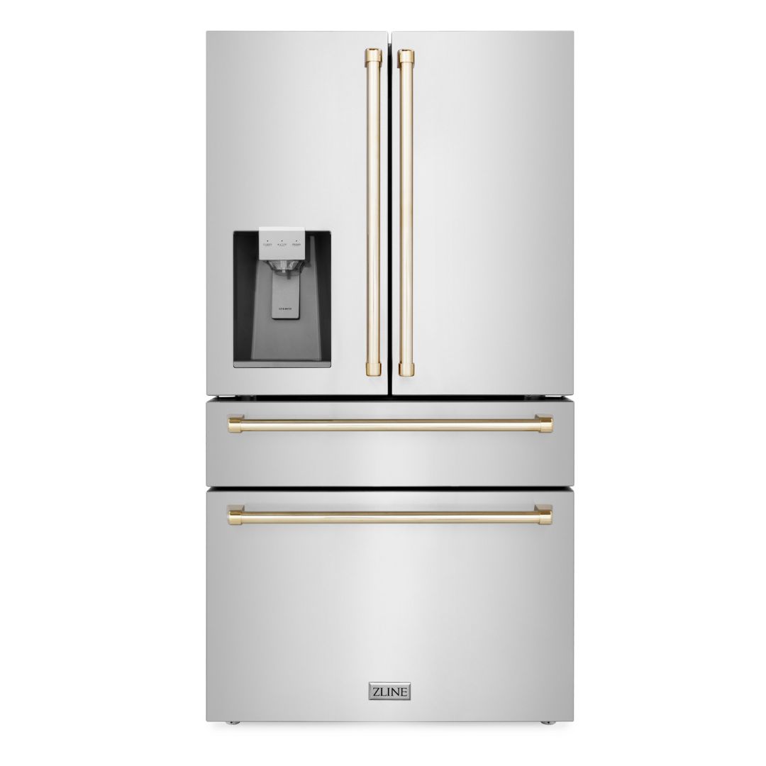 ZLINE 36 Inch French Door Refrigerator Fingerprint Resistant Stainless Steel Water & Ice Dispenser Gold Accents (RFMZ-W-36-G)