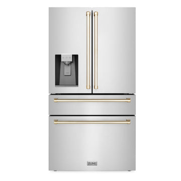 ZLINE 36 Inch French Door Refrigerator Fingerprint Resistant Stainless Steel Water & Ice Dispenser Gold Accents (RFMZ-W-36-G)
