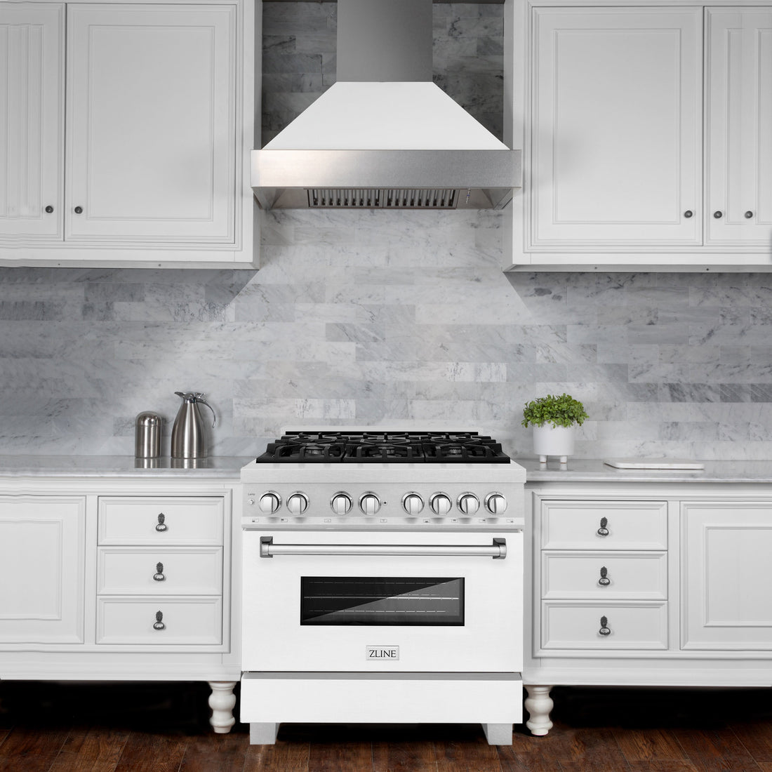 ZLINE 36 in. 4.6 cu. ft. Legacy Dual Fuel Range with 6-Burner Gas Cooktop and Electric Convection Oven, Satin Stainless Steel with White Matte Door (RAS-WM-36)