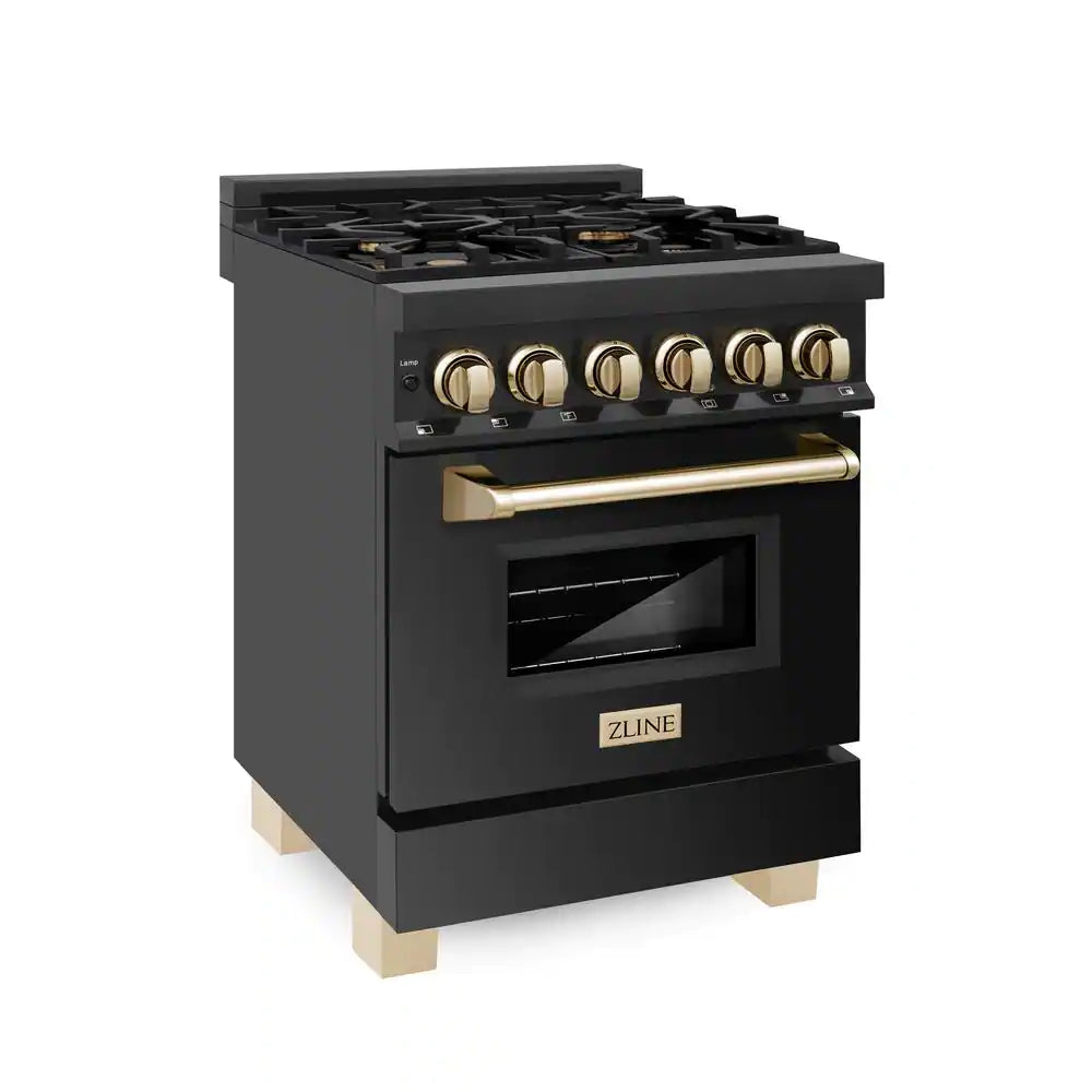 ZLINE 24 in. Autograph Edition Dual Fuel Range in Black Stainless Steel with Gold Accents (RABZ-24-G)