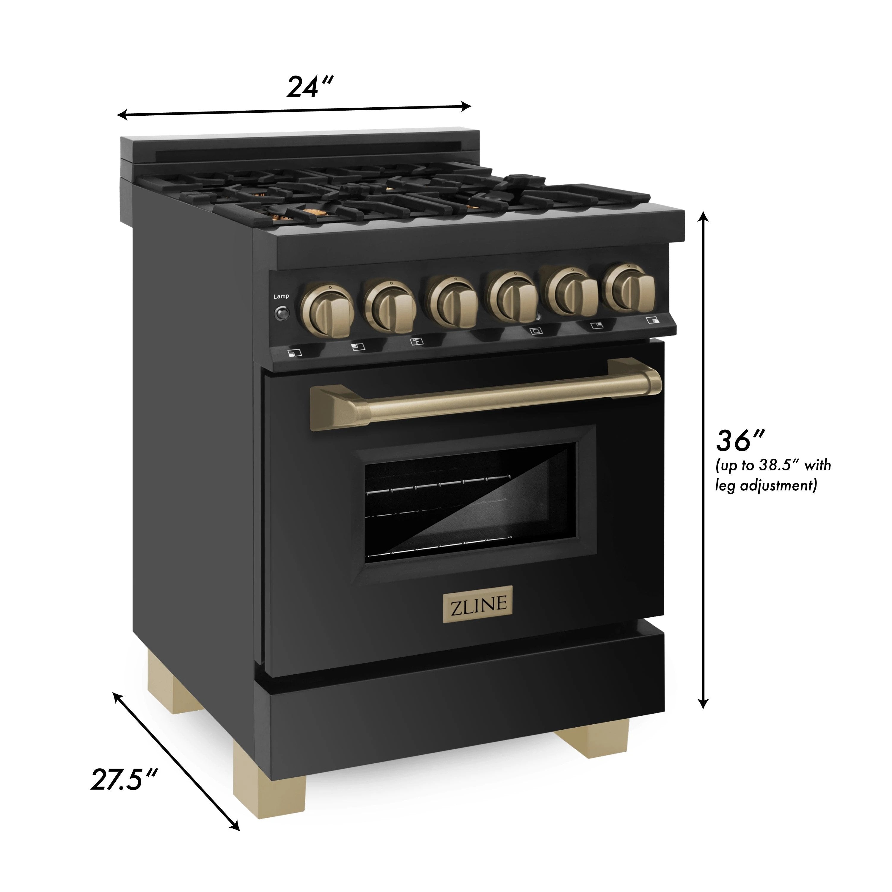 ZLINE 24 in. Autograph Edition Dual Fuel Range in Black Stainless Steel with Gold Accents (RABZ-24-G)