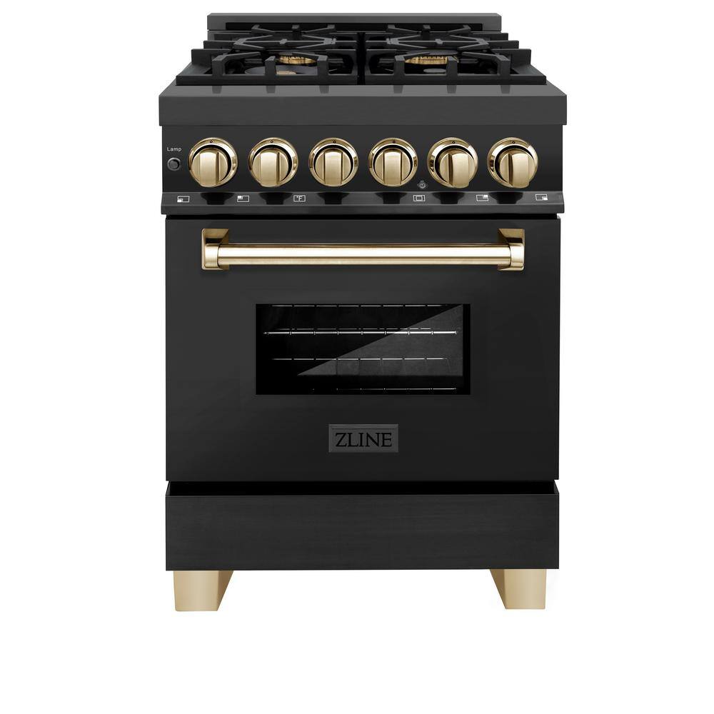 ZLINE 24 in. Autograph Edition Dual Fuel Range in Black Stainless Steel with Gold Accents (RABZ-24-G)
