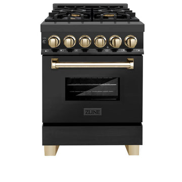 ZLINE 24 in. Autograph Edition Dual Fuel Range in Black Stainless Steel with Gold Accents (RABZ-24-G)