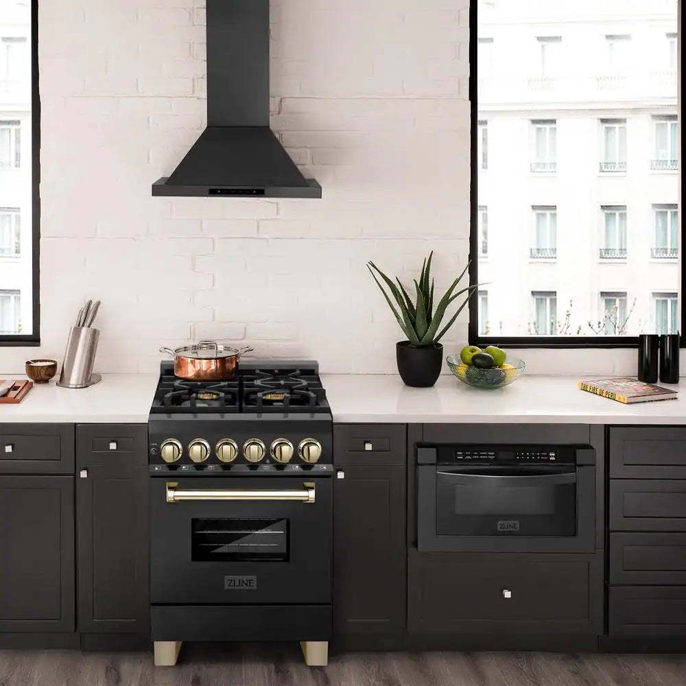 ZLINE 24 in. Autograph Edition Dual Fuel Range in Black Stainless Steel with Gold Accents (RABZ-24-G)