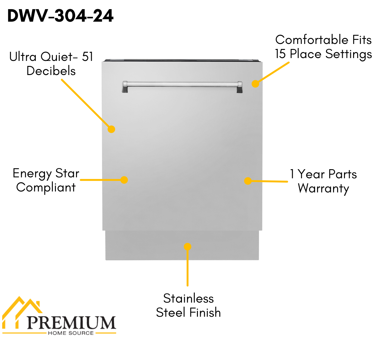 ZLINE 24-Inch Top Control Tall Dishwasher, Stainless Steel, 3rd Rack, Model DWV-304-24