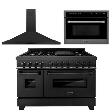 ZLINE Appliance Package - 48 In. Dual Fuel Range with Brass Burners, Microwave Oven, Range Hood in Black Stainless Steel, 3KP-RABRHMWO-48