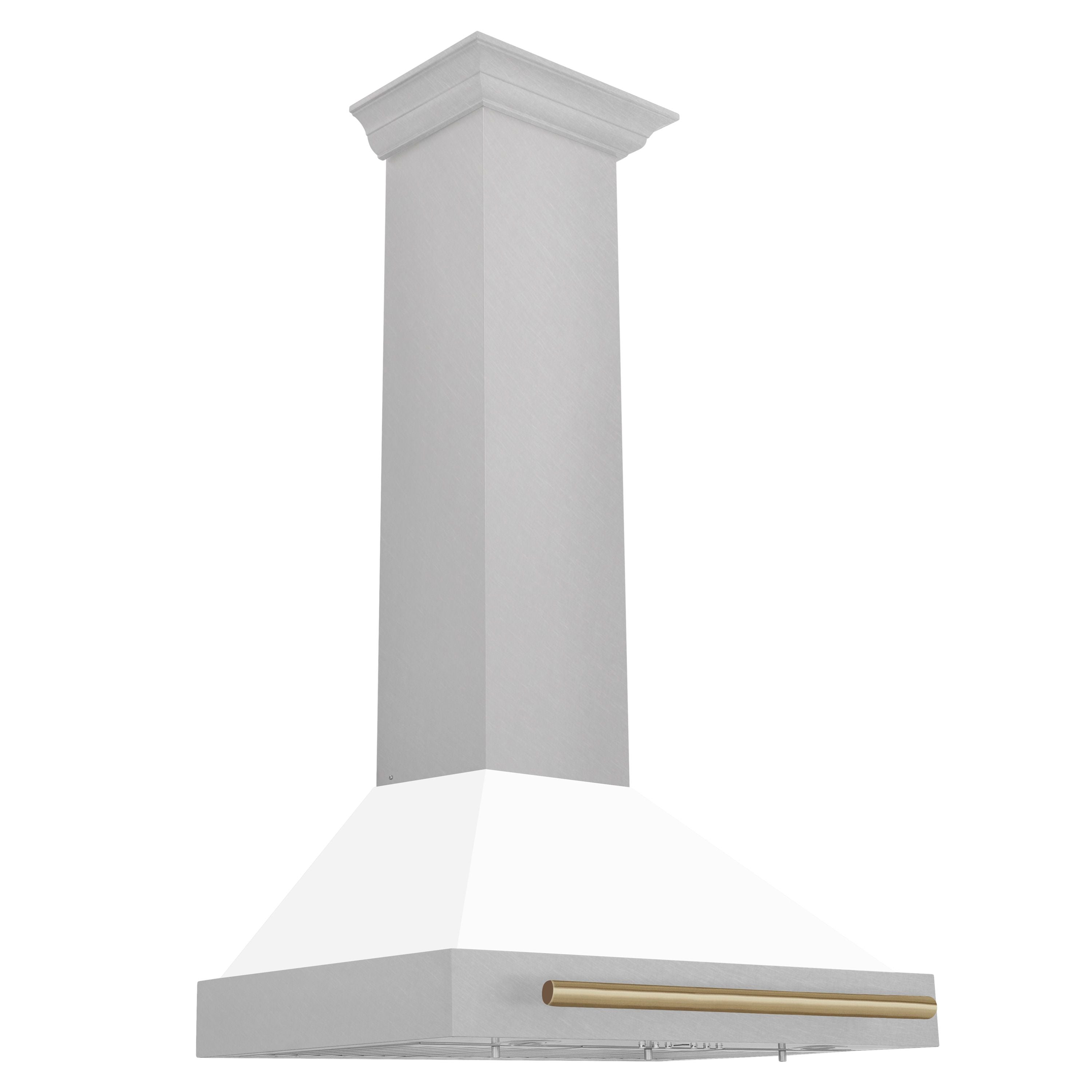 ZLINE 30 Inch Wall Mount Range Hood Satin Stainless Steel Convertible White Matte Shell Champagne Bronze Handle (KB4SNZ-WM30-CB)