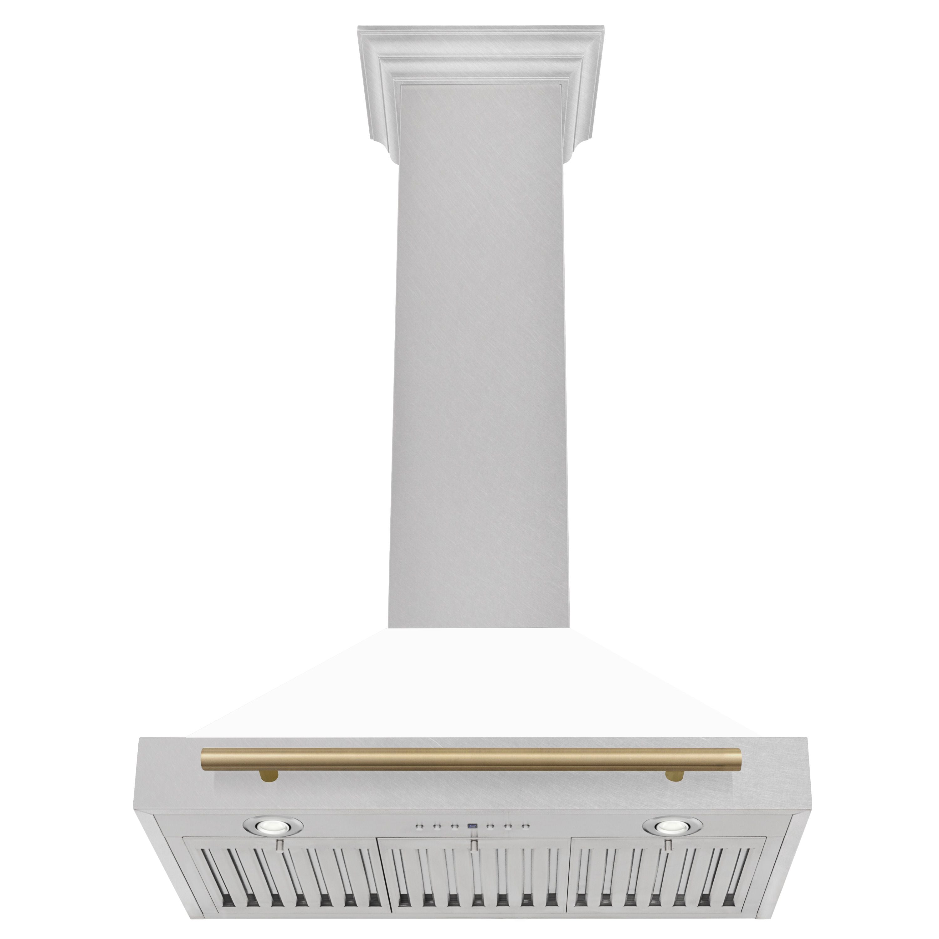ZLINE 30 Inch Wall Mount Range Hood Satin Stainless Steel Convertible White Matte Shell Champagne Bronze Handle (KB4SNZ-WM30-CB)