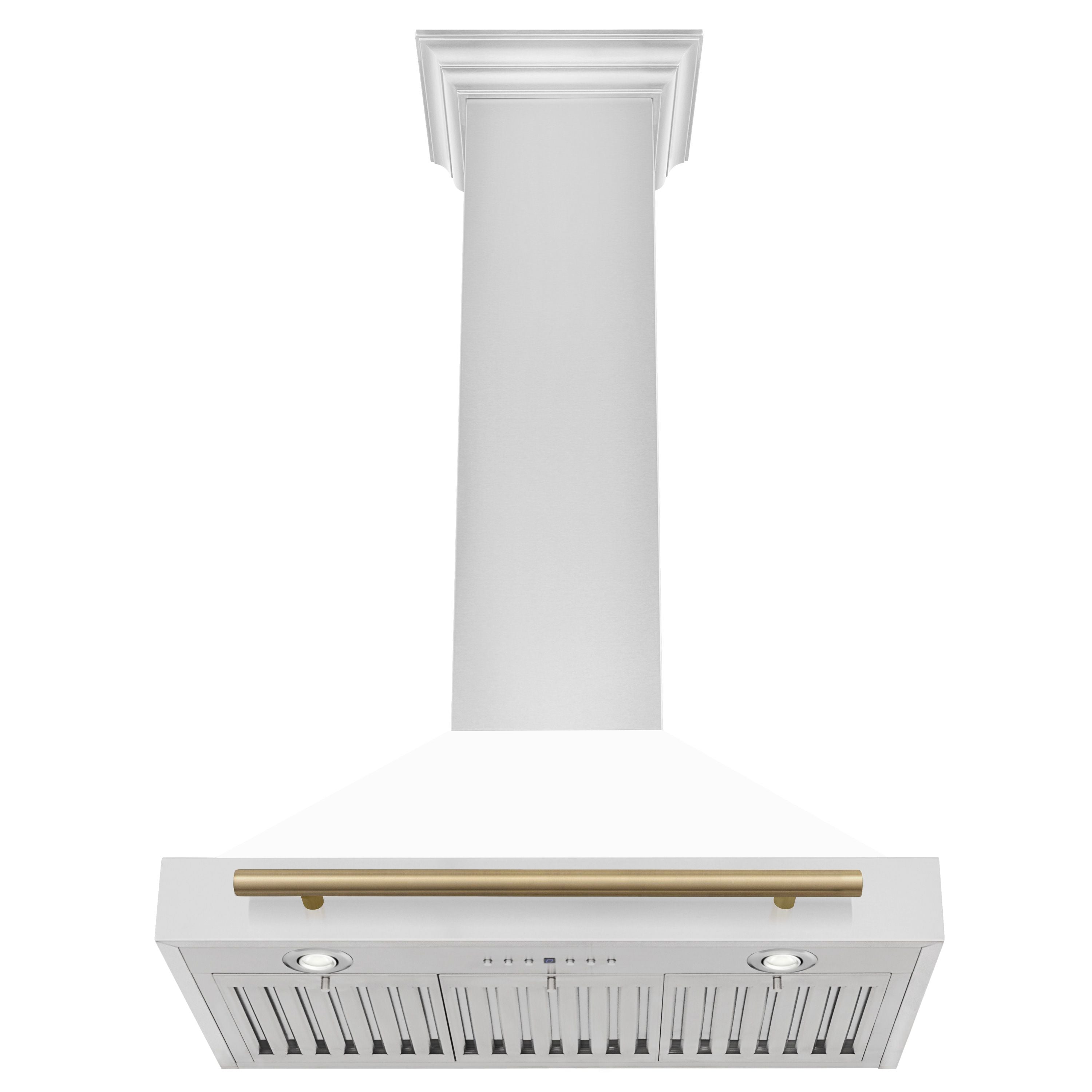 ZLINE 30-Inch Wall Mount Range Hood Stainless Steel White Matte Shell Champagne Bronze Accents 400 CFM (KB4STZ-WM30-CB)