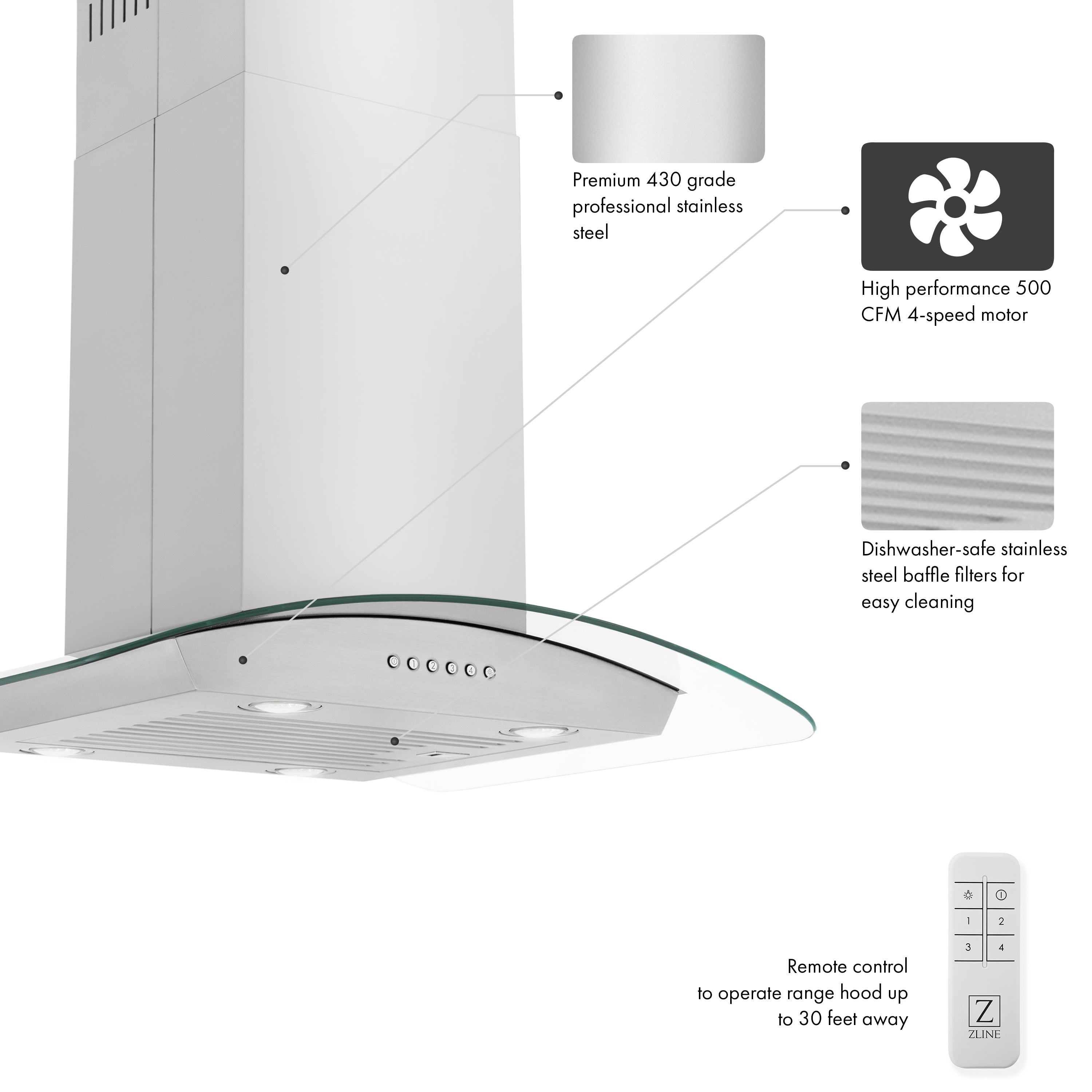 ZLINE 30 in. Island Mount Range Hood Convertible Stainless Steel 400 CFM 4-Speed LED Lighting (ALP70IS-30)