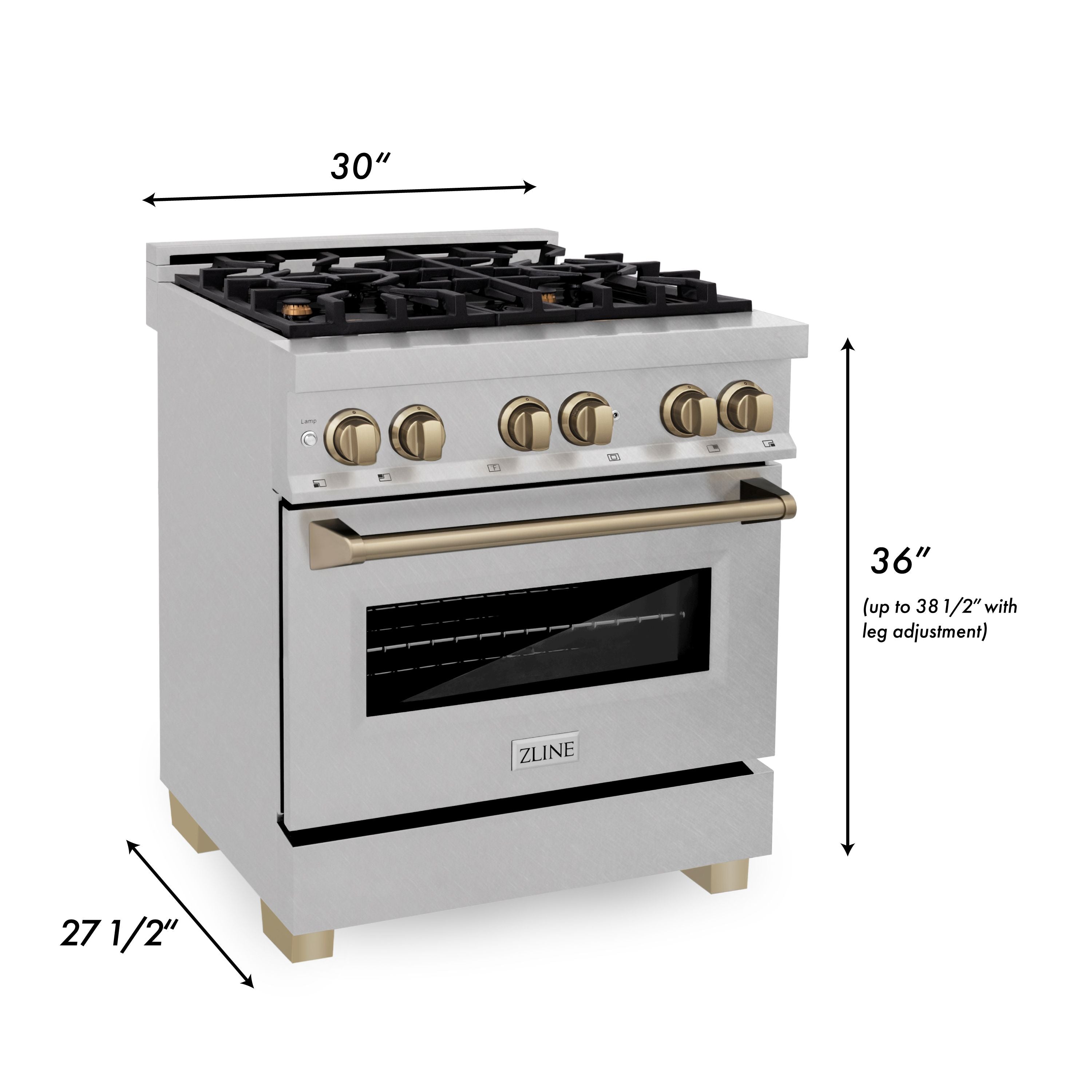 ZLINE Autograph 30 in. 4.0 cu. ft. Legacy Dual Fuel Range with 4 Burner Gas Cooktop and Electric Convection Oven in Satin Stainless Steel with Champagne Bronze Accents (RASZ-SN-30-CB)