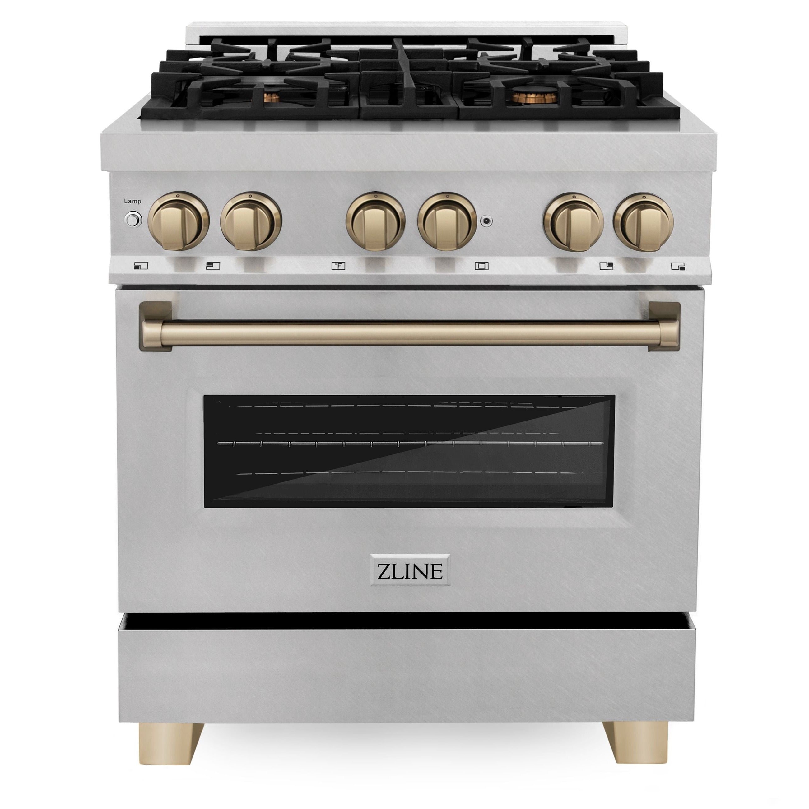 ZLINE Autograph 30 in. 4.0 cu. ft. Legacy Dual Fuel Range with 4 Burner Gas Cooktop and Electric Convection Oven in Satin Stainless Steel with Champagne Bronze Accents (RASZ-SN-30-CB)