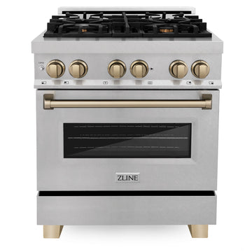 ZLINE Autograph 30 in. 4.0 cu. ft. Legacy Dual Fuel Range with 4 Burner Gas Cooktop and Electric Convection Oven in Satin Stainless Steel with Champagne Bronze Accents (RASZ-SN-30-CB)