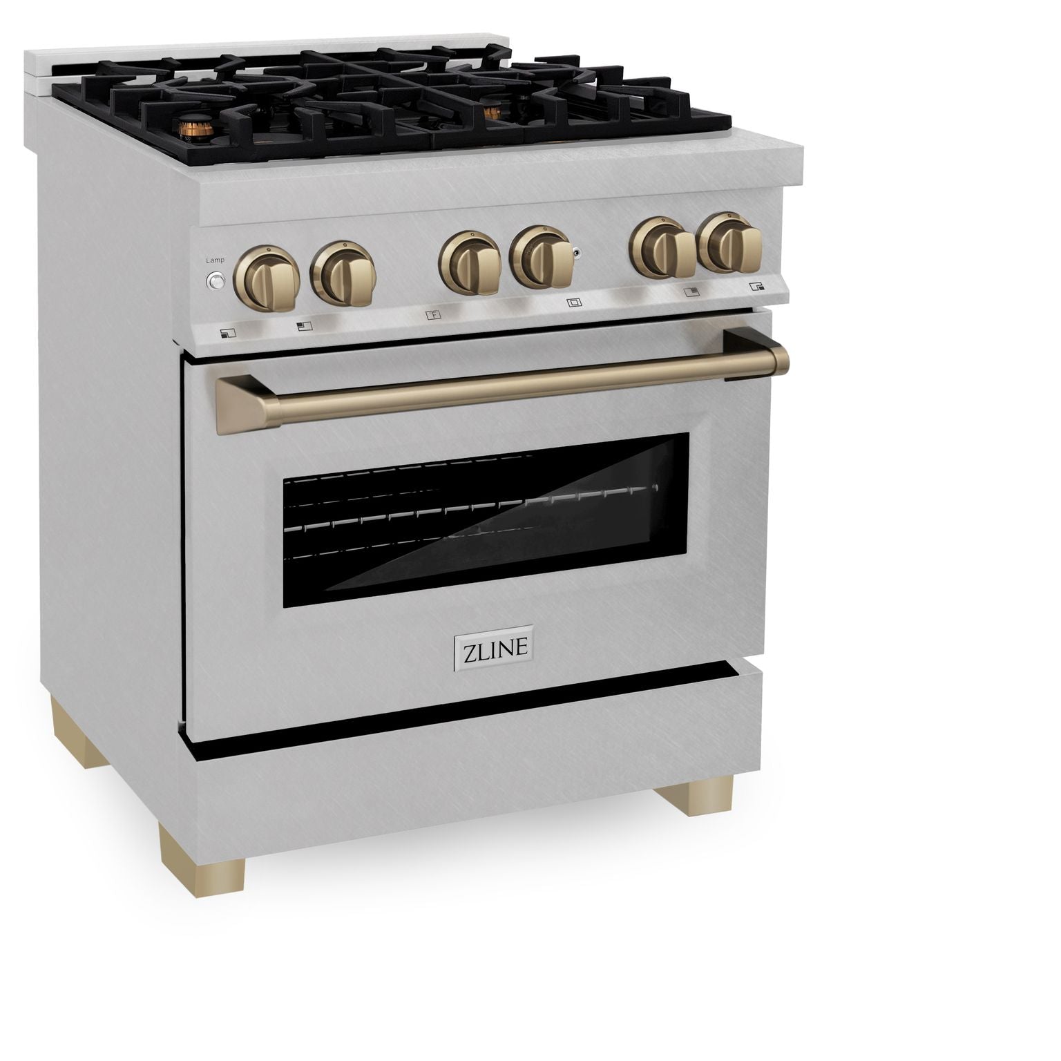ZLINE Autograph 30 in. 4.0 cu. ft. Legacy Dual Fuel Range with 4 Burner Gas Cooktop and Electric Convection Oven in Satin Stainless Steel with Champagne Bronze Accents (RASZ-SN-30-CB)