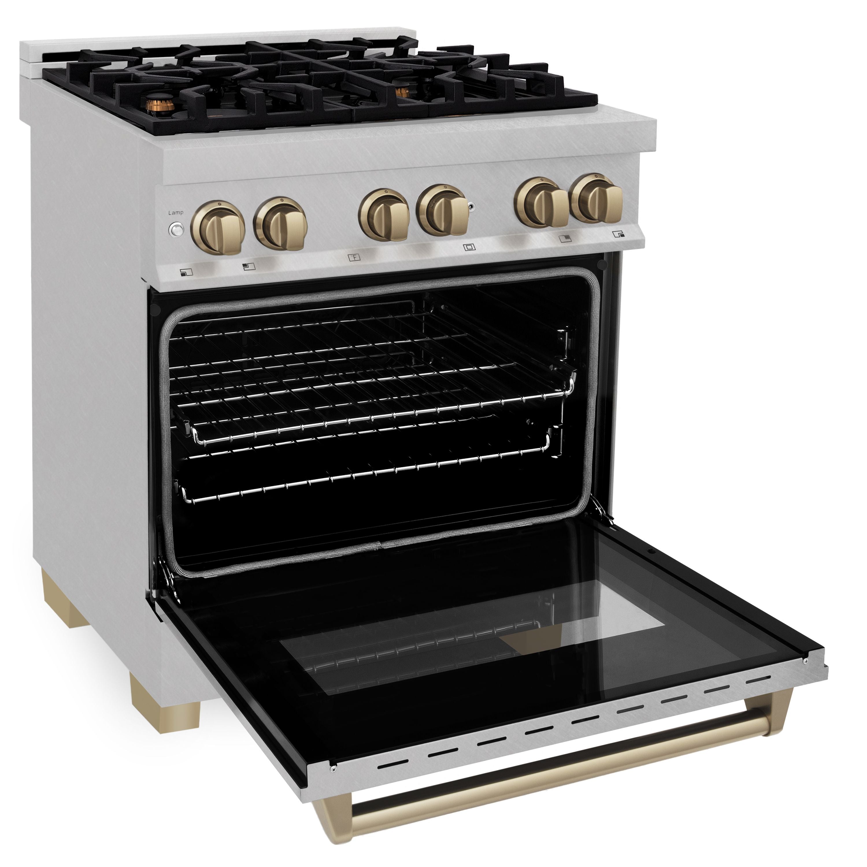 ZLINE Autograph 30 in. 4.0 cu. ft. Legacy Dual Fuel Range with 4 Burner Gas Cooktop and Electric Convection Oven in Satin Stainless Steel with Champagne Bronze Accents (RASZ-SN-30-CB)