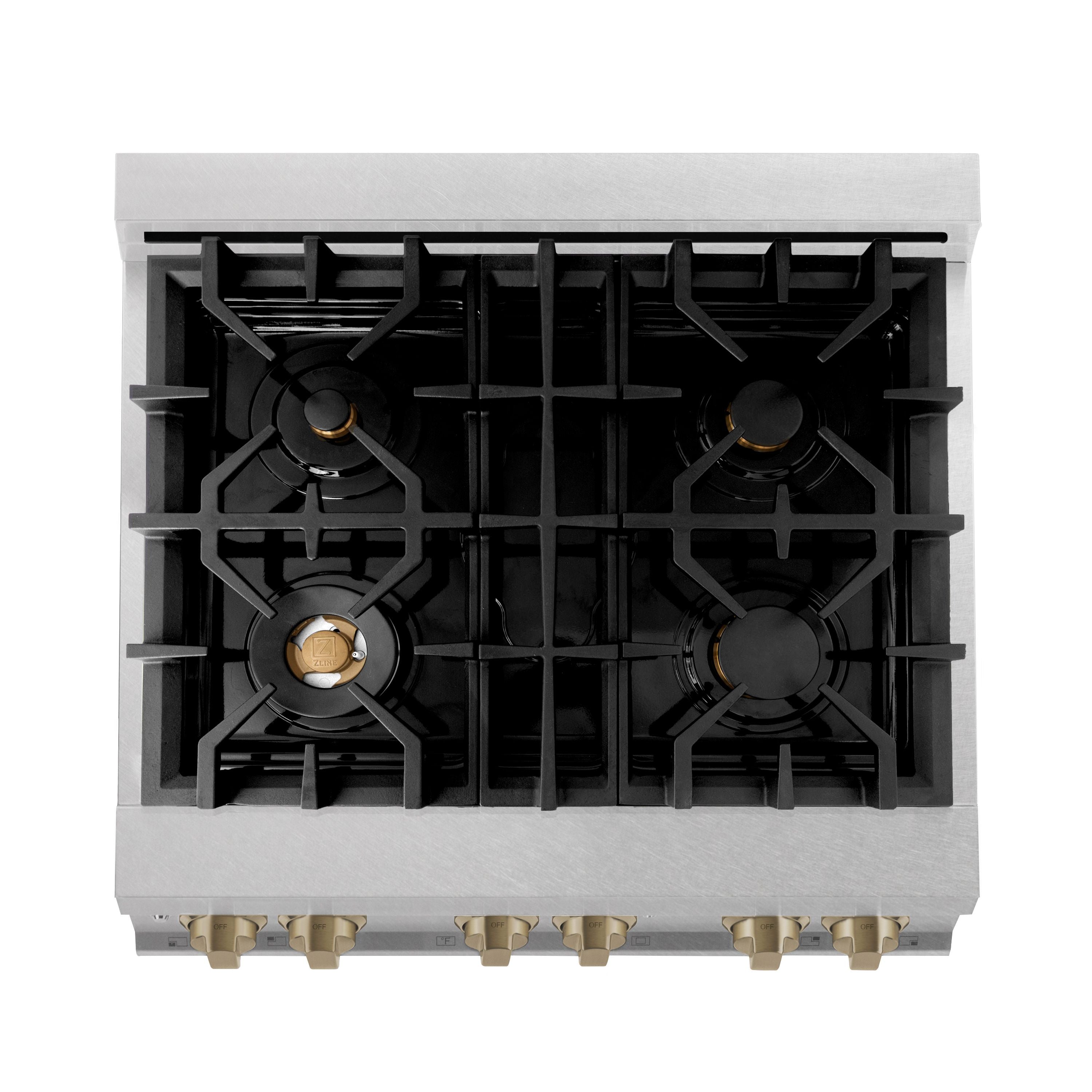 ZLINE Autograph 30 in. 4.0 cu. ft. Legacy Dual Fuel Range with 4 Burner Gas Cooktop and Electric Convection Oven in Satin Stainless Steel with Champagne Bronze Accents (RASZ-SN-30-CB)