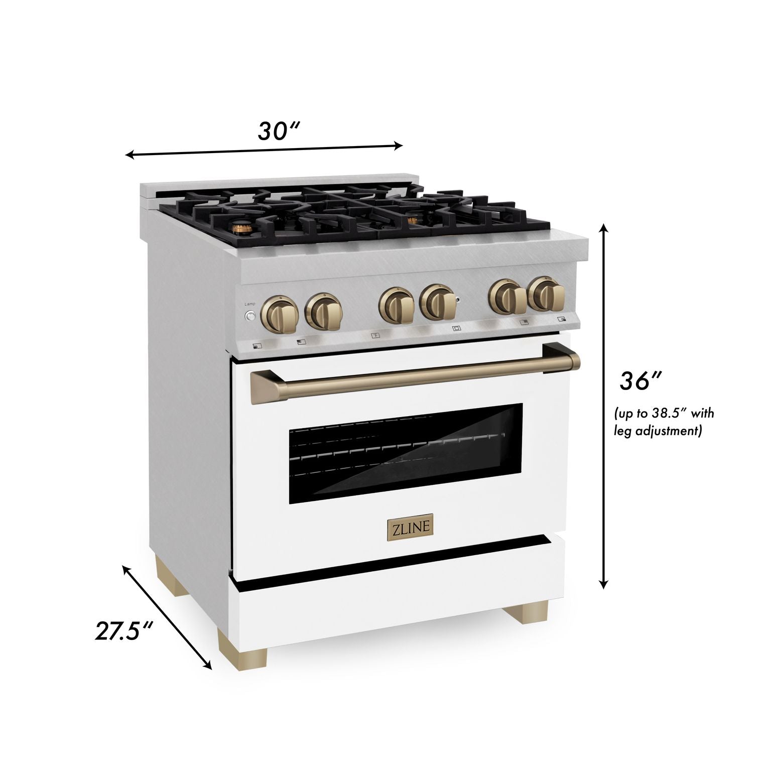 ZLINE Autograph 30 in. Legacy Dual Fuel Range 4.0 cu. ft., 4 Burner Gas Cooktop, Electric Convection Oven, Satin Stainless Steel with White Matte Door & Champagne Bronze Accents (RASZ-WM-30-CB)