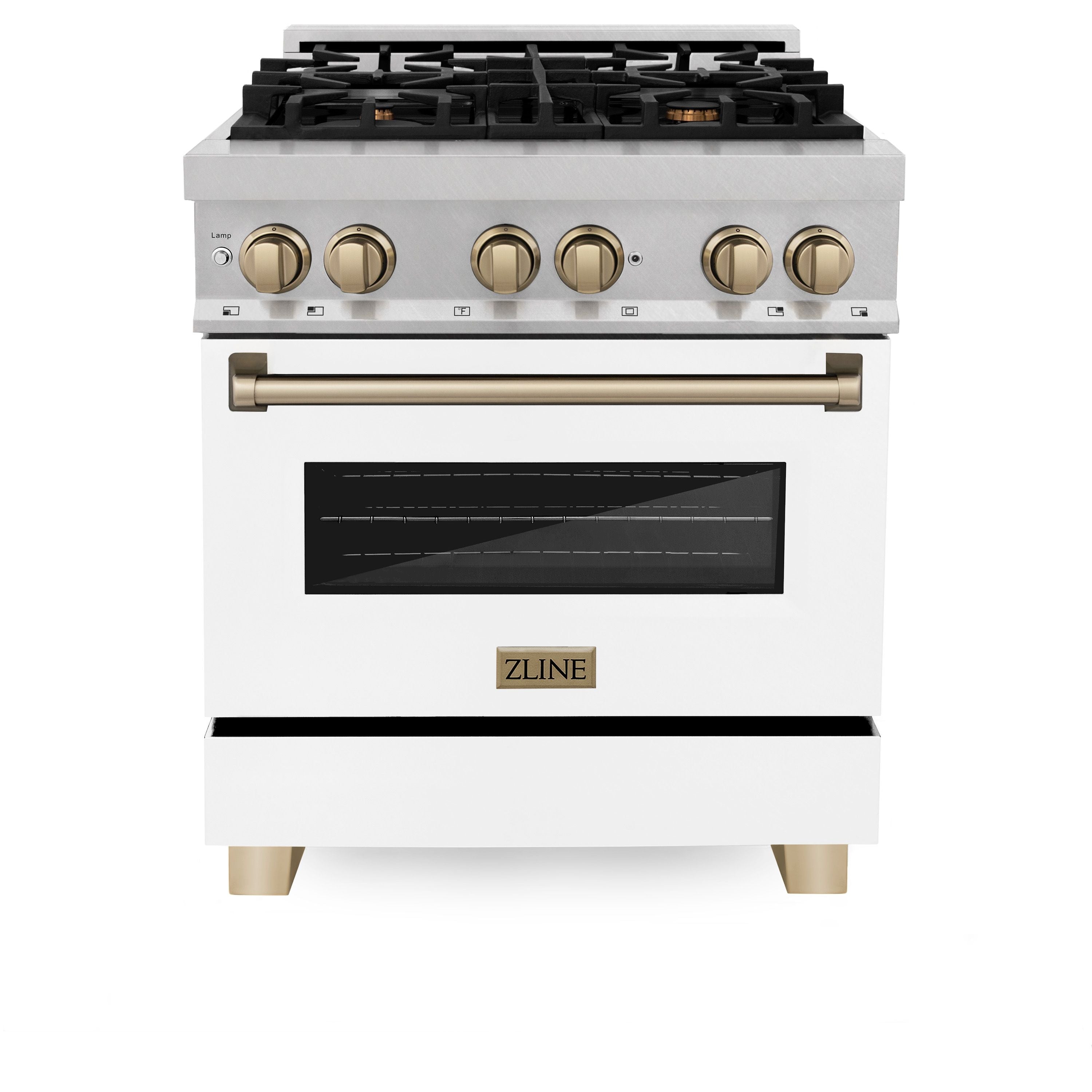 ZLINE Autograph 30 in. Legacy Dual Fuel Range 4.0 cu. ft., 4 Burner Gas Cooktop, Electric Convection Oven, Satin Stainless Steel with White Matte Door & Champagne Bronze Accents (RASZ-WM-30-CB)