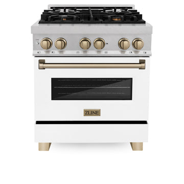 ZLINE Autograph 30 in. Legacy Dual Fuel Range 4.0 cu. ft., 4 Burner Gas Cooktop, Electric Convection Oven, Satin Stainless Steel with White Matte Door & Champagne Bronze Accents (RASZ-WM-30-CB)
