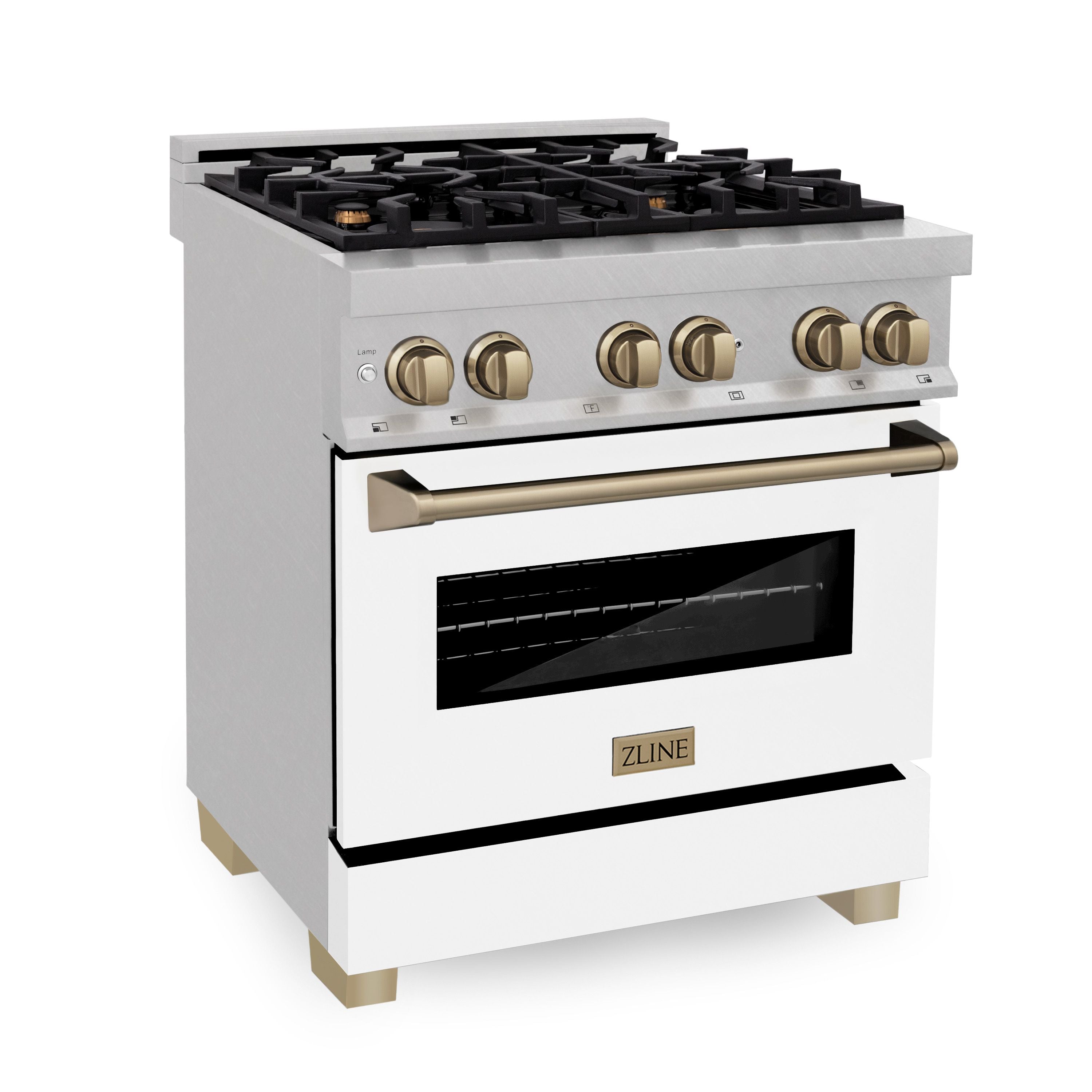 ZLINE Autograph 30 in. Legacy Dual Fuel Range 4.0 cu. ft., 4 Burner Gas Cooktop, Electric Convection Oven, Satin Stainless Steel with White Matte Door & Champagne Bronze Accents (RASZ-WM-30-CB)