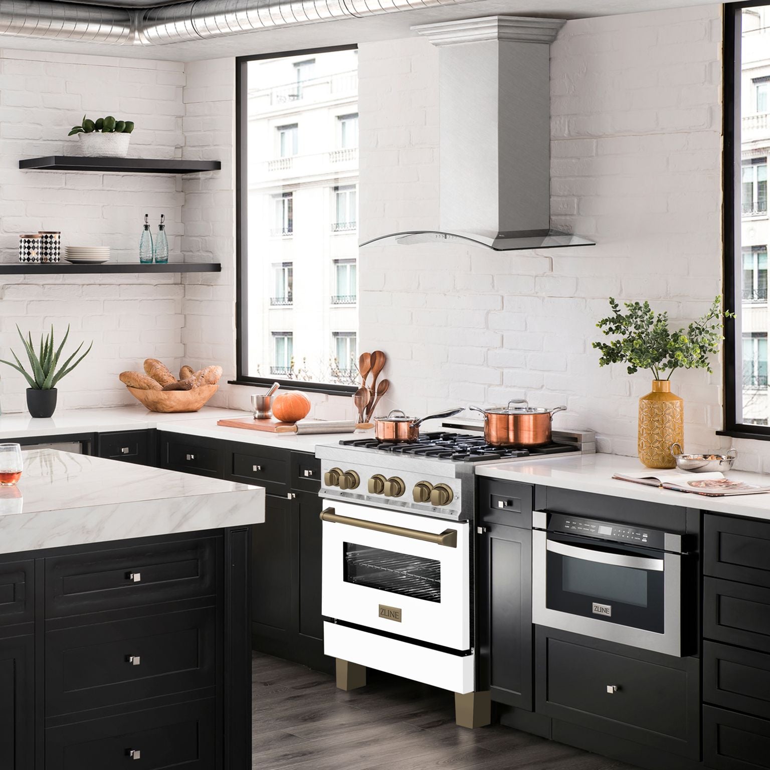 ZLINE Autograph 30 in. Legacy Dual Fuel Range 4.0 cu. ft., 4 Burner Gas Cooktop, Electric Convection Oven, Satin Stainless Steel with White Matte Door & Champagne Bronze Accents (RASZ-WM-30-CB)