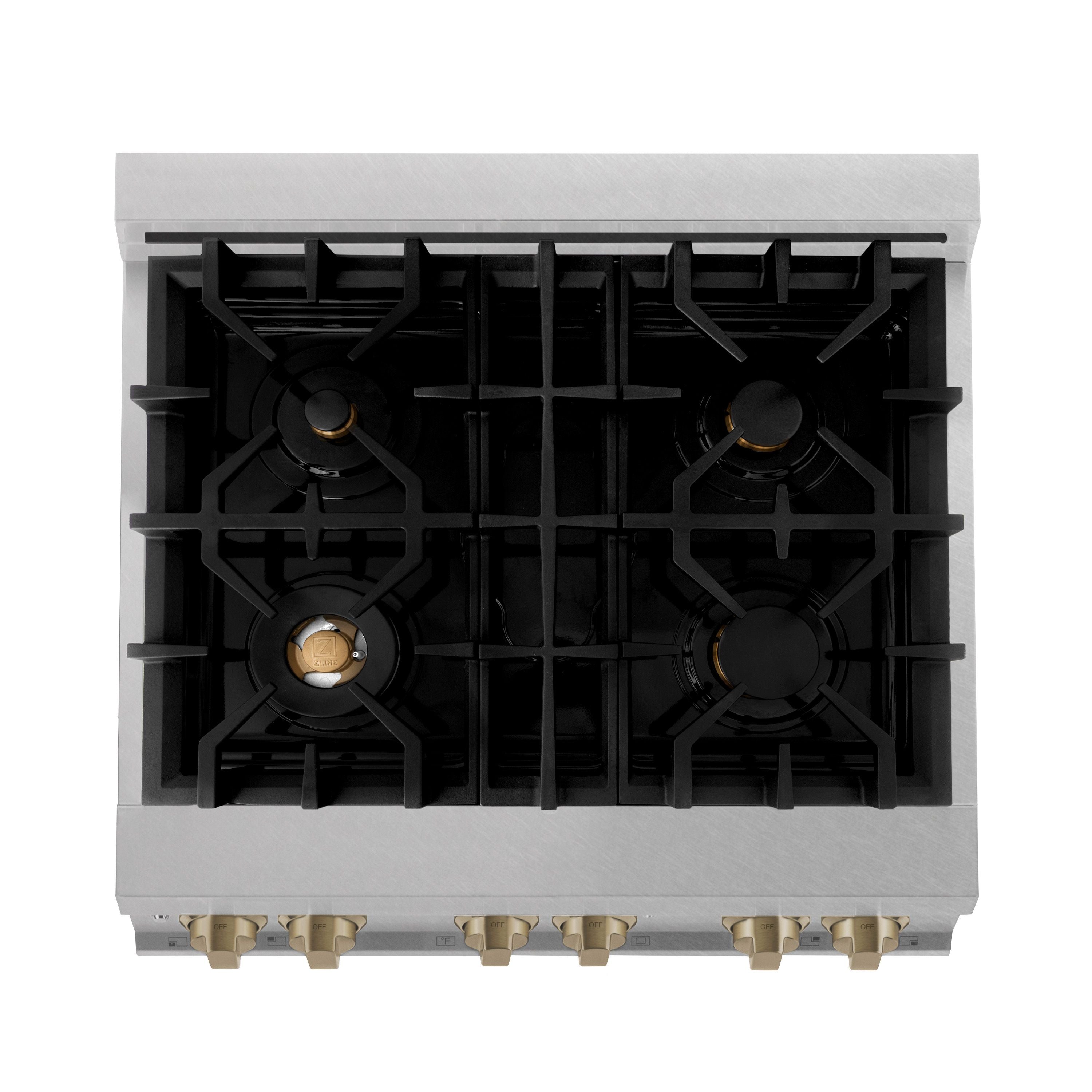 ZLINE Autograph 30 in. Legacy Dual Fuel Range 4.0 cu. ft., 4 Burner Gas Cooktop, Electric Convection Oven, Satin Stainless Steel with White Matte Door & Champagne Bronze Accents (RASZ-WM-30-CB)