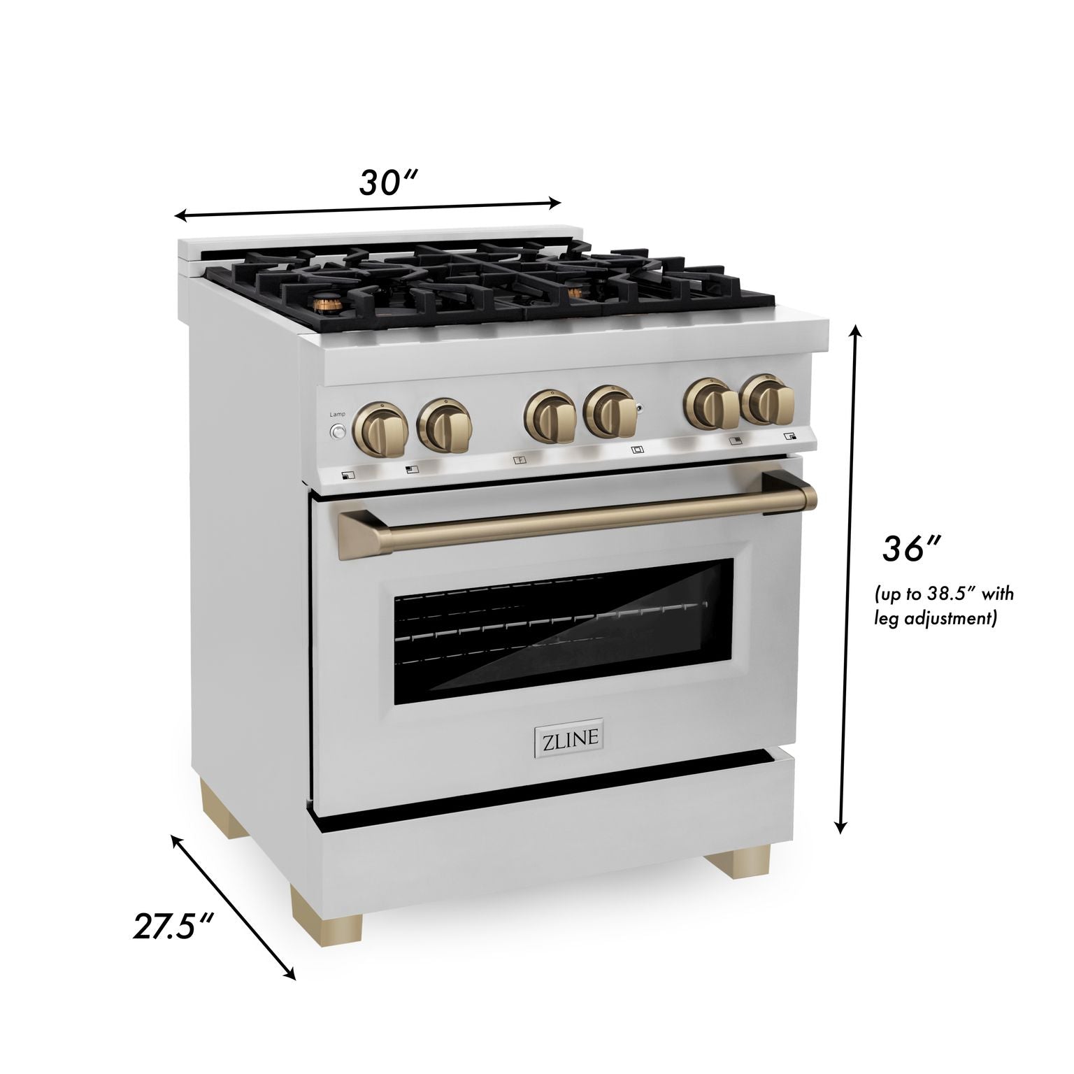 ZLINE Autograph Package - 30" Dual Fuel Range, Range Hood, Dishwasher, Refrigerator with Water and Ice Dispenser with Bronze Accents