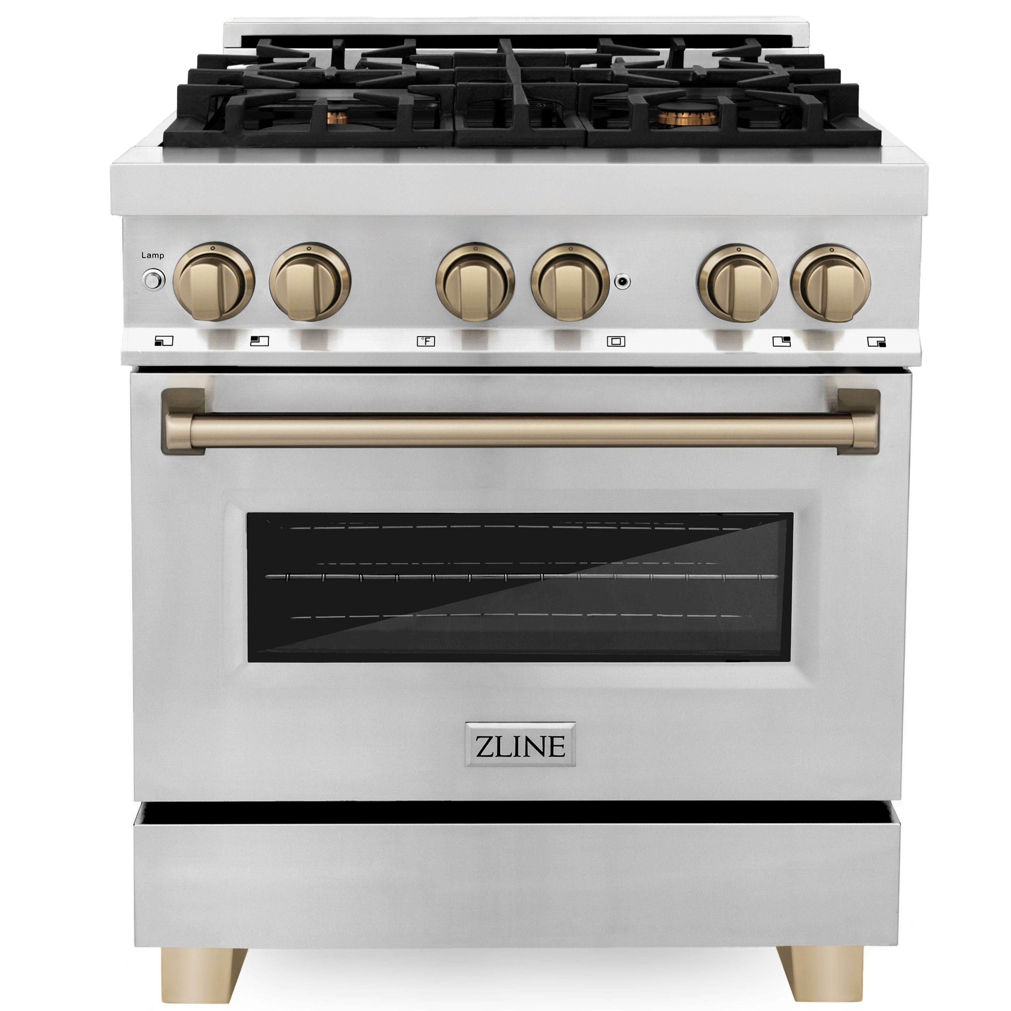 ZLINE Autograph Edition 30-Inch Dual Fuel Range, 4.0 cu. ft. Electric Convection Oven, Stainless Steel with Bronze Accents (RAZ-30-CB)