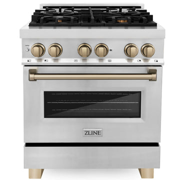 ZLINE Autograph Edition 30-Inch Dual Fuel Range, 4.0 cu. ft. Electric Convection Oven, Stainless Steel with Bronze Accents (RAZ-30-CB)