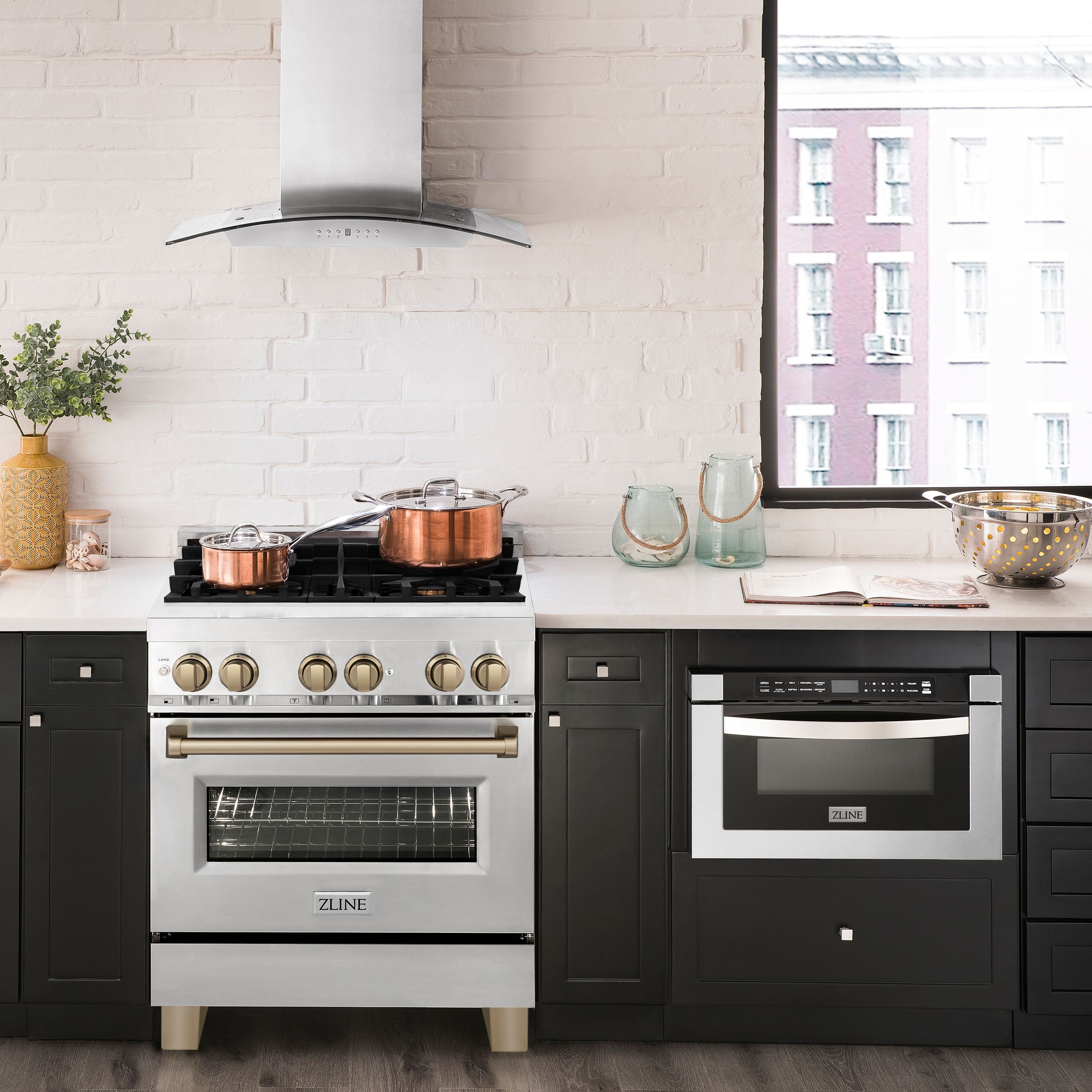 ZLINE Autograph Edition 30-Inch Dual Fuel Range, 4.0 cu. ft. Electric Convection Oven, Stainless Steel with Bronze Accents (RAZ-30-CB)