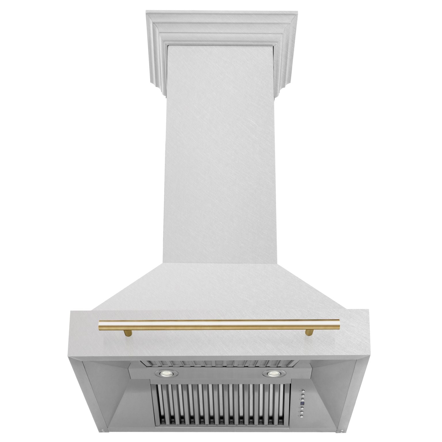 ZLINE 30 in. Wall Mount Range Hood Satin Stainless Steel 700 CFM Polished Gold Handle (8654SNZ-30-G)
