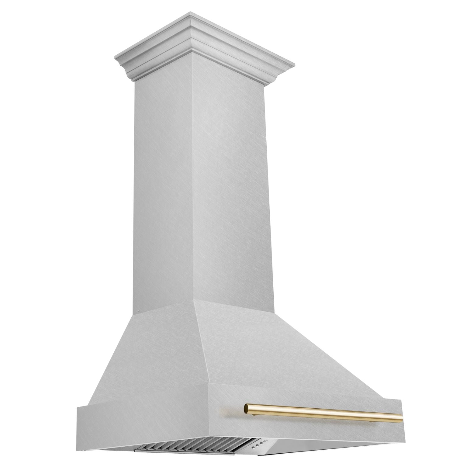 ZLINE 30 in. Wall Mount Range Hood Satin Stainless Steel 700 CFM Polished Gold Handle (8654SNZ-30-G)