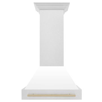ZLINE 30 Inch Wall Mount Range Hood Satin Stainless Steel White Matte Shell Polished Gold Handle 8654SNZ-WM30-G