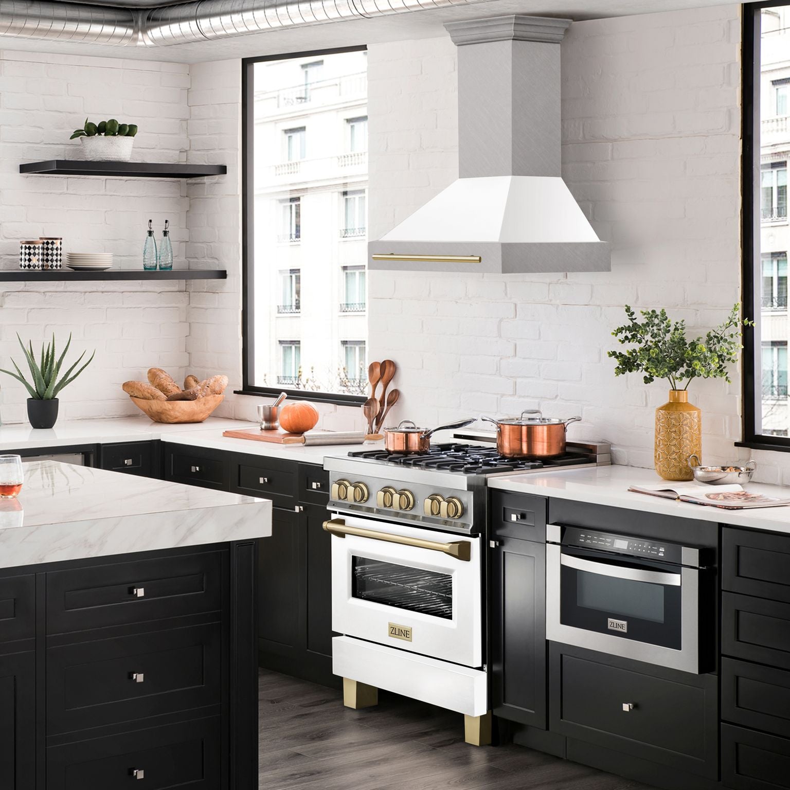 ZLINE 30 Inch Wall Mount Range Hood Satin Stainless Steel White Matte Shell Polished Gold Handle 8654SNZ-WM30-G