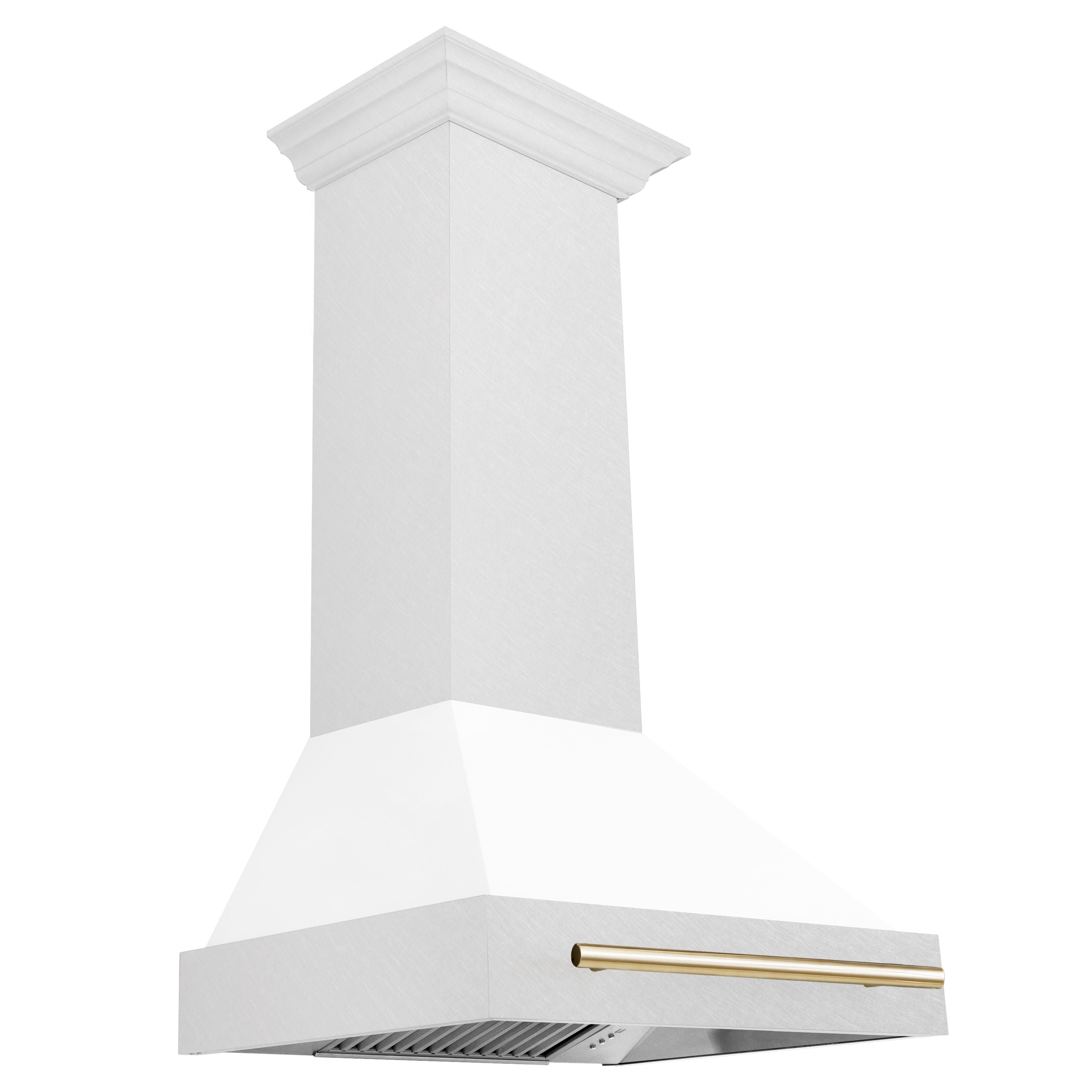 ZLINE 30 Inch Wall Mount Range Hood Satin Stainless Steel White Matte Shell Polished Gold Handle 8654SNZ-WM30-G