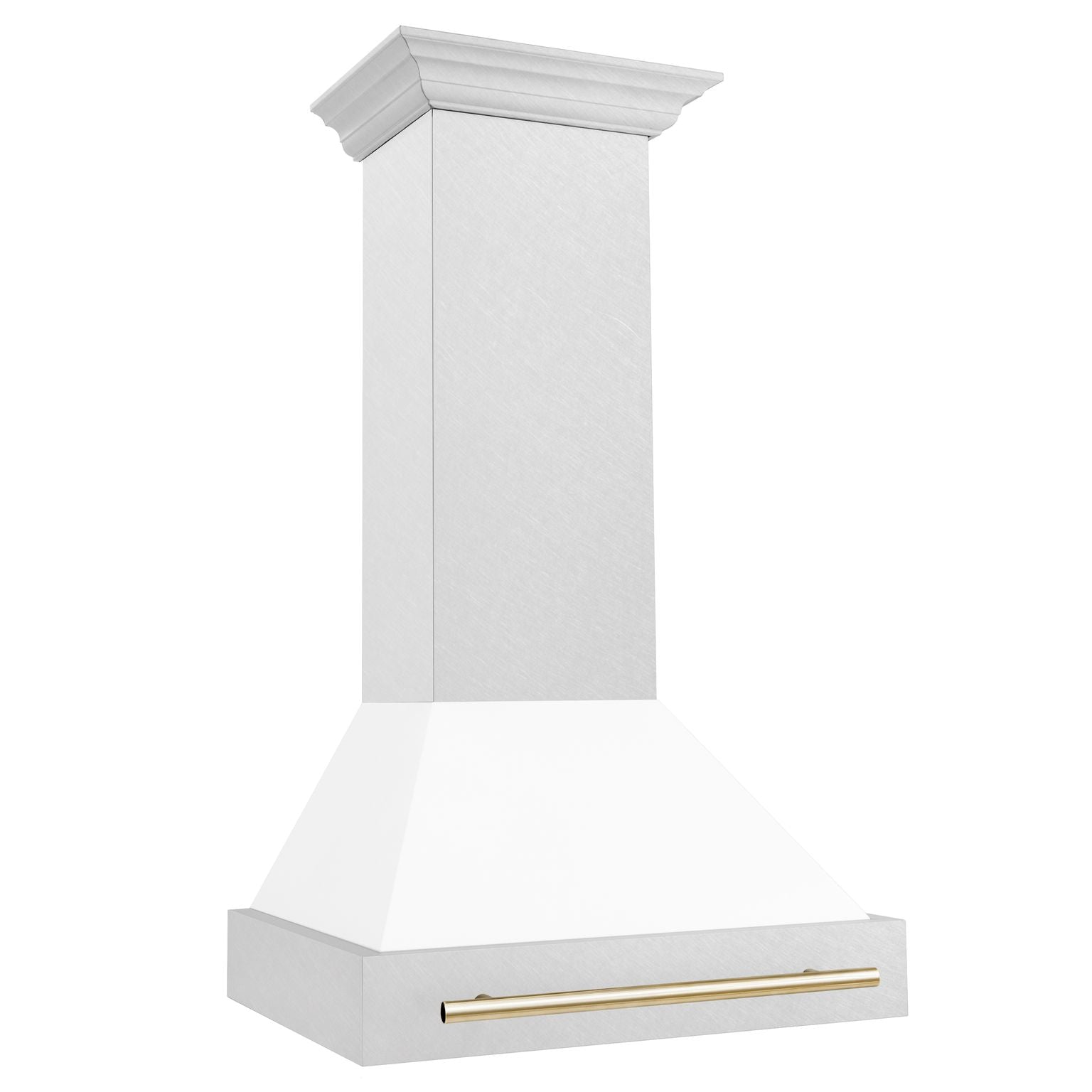 ZLINE 30 Inch Wall Mount Range Hood Satin Stainless Steel White Matte Shell Polished Gold Handle 8654SNZ-WM30-G