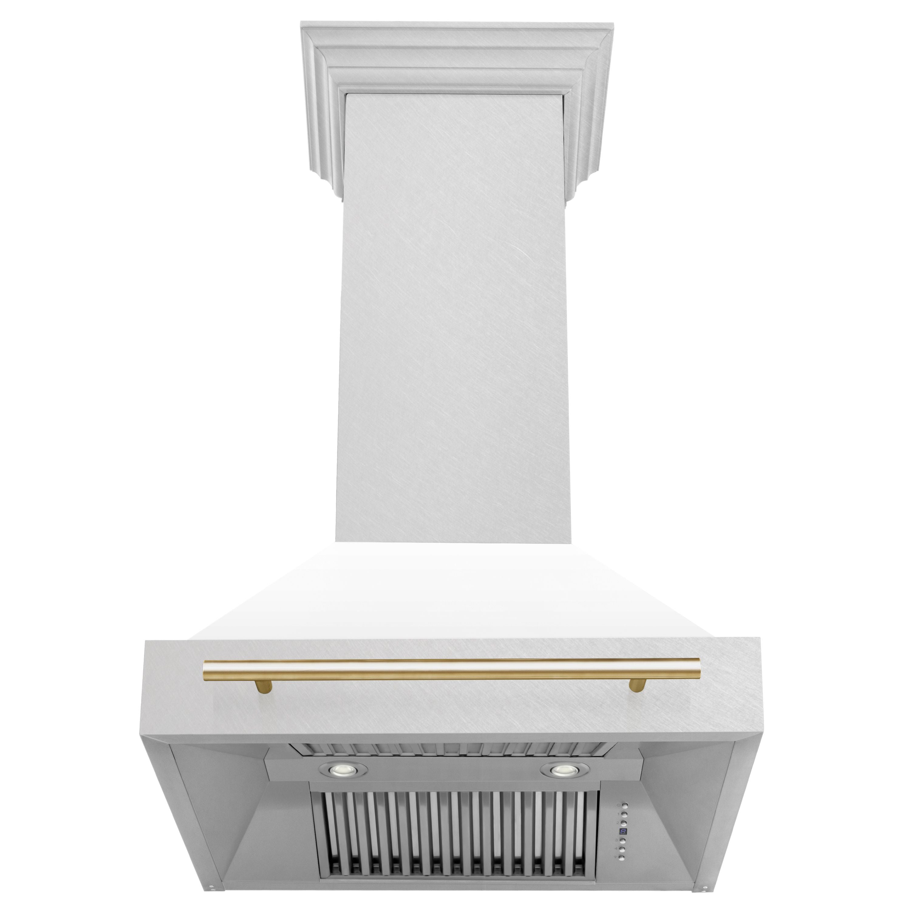 ZLINE 30 Inch Wall Mount Range Hood Satin Stainless Steel White Matte Shell Polished Gold Handle 8654SNZ-WM30-G