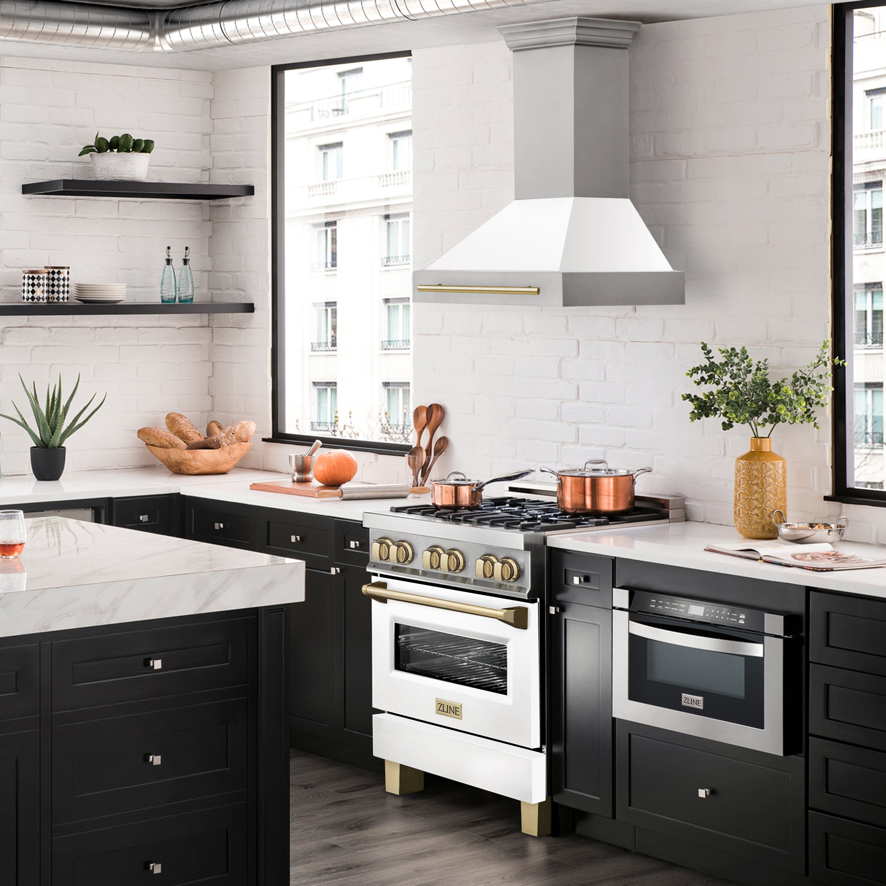 ZLINE 30 in Wall Mount Range Hood White Matte Shell Gold Handle 400 CFM (8654STZ-WM30-G)