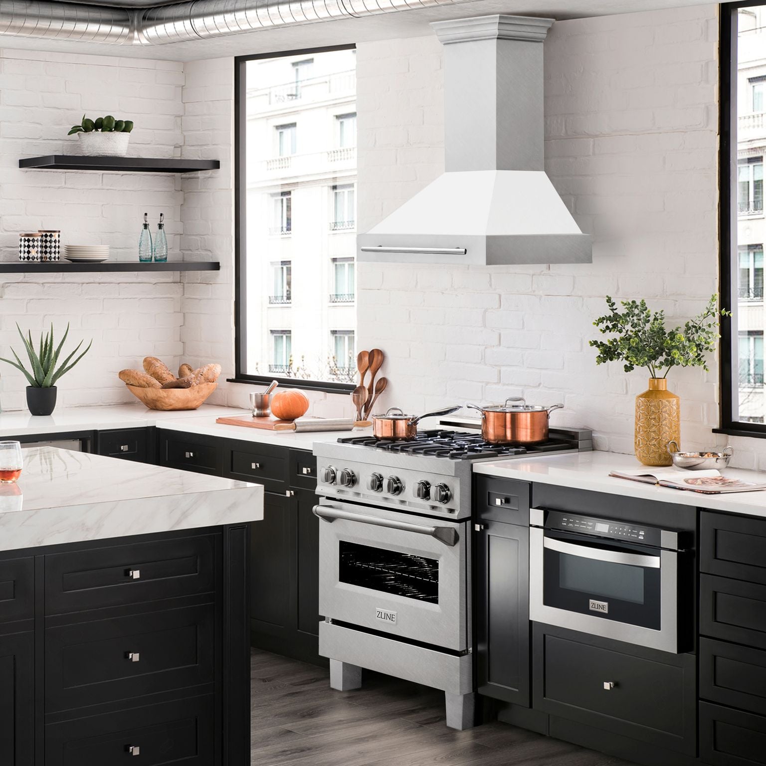 ZLINE 30 in. Wall Mount Range Hood Satin Stainless Steel White Matte Shell 400 CFM LED Lighting (8654SNX-WM-30)