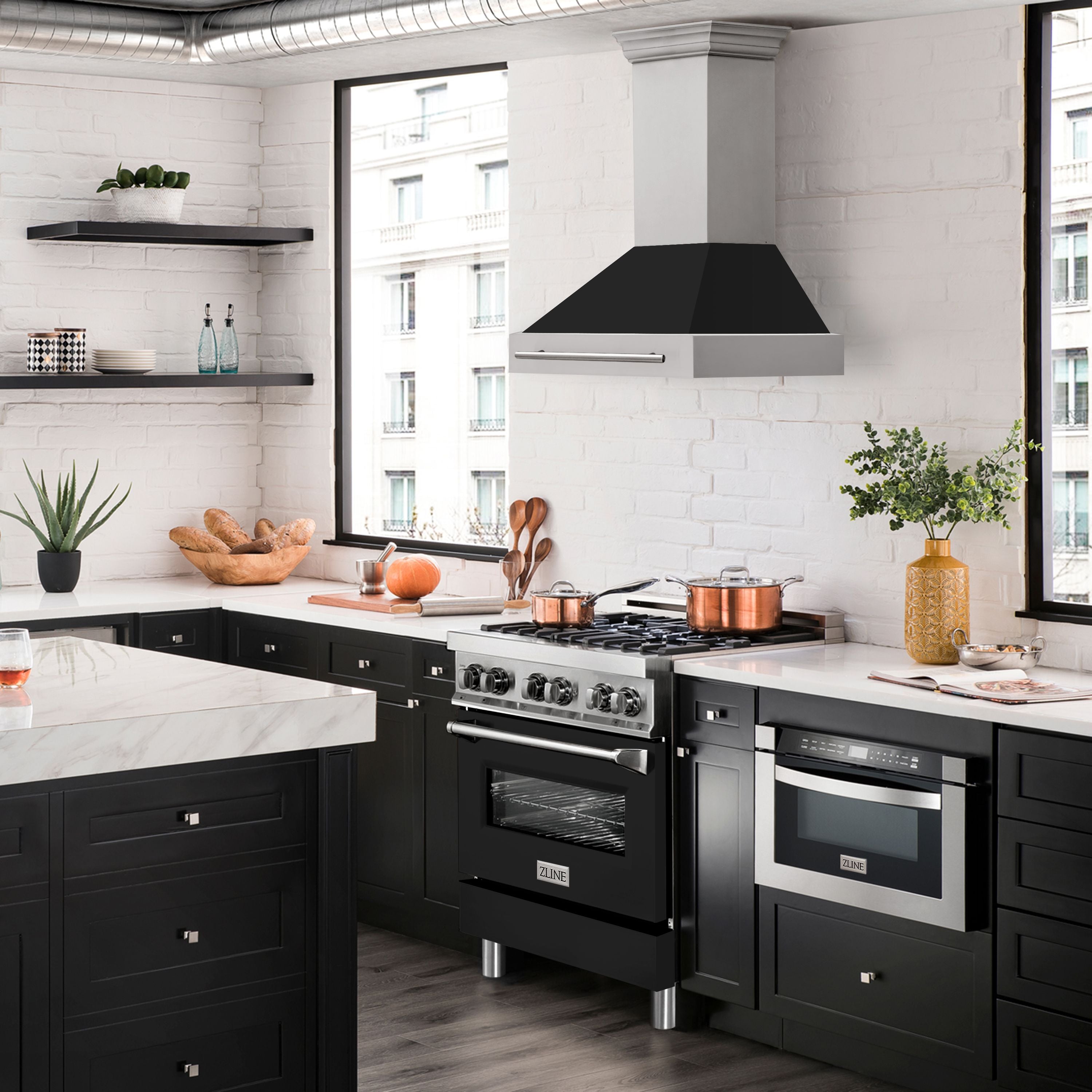 ZLINE 30 Inch Wall Mount Range Hood 400 CFM Stainless Steel Black Matte Shell Stainless Steel Handle (8654STX-BLM-30)