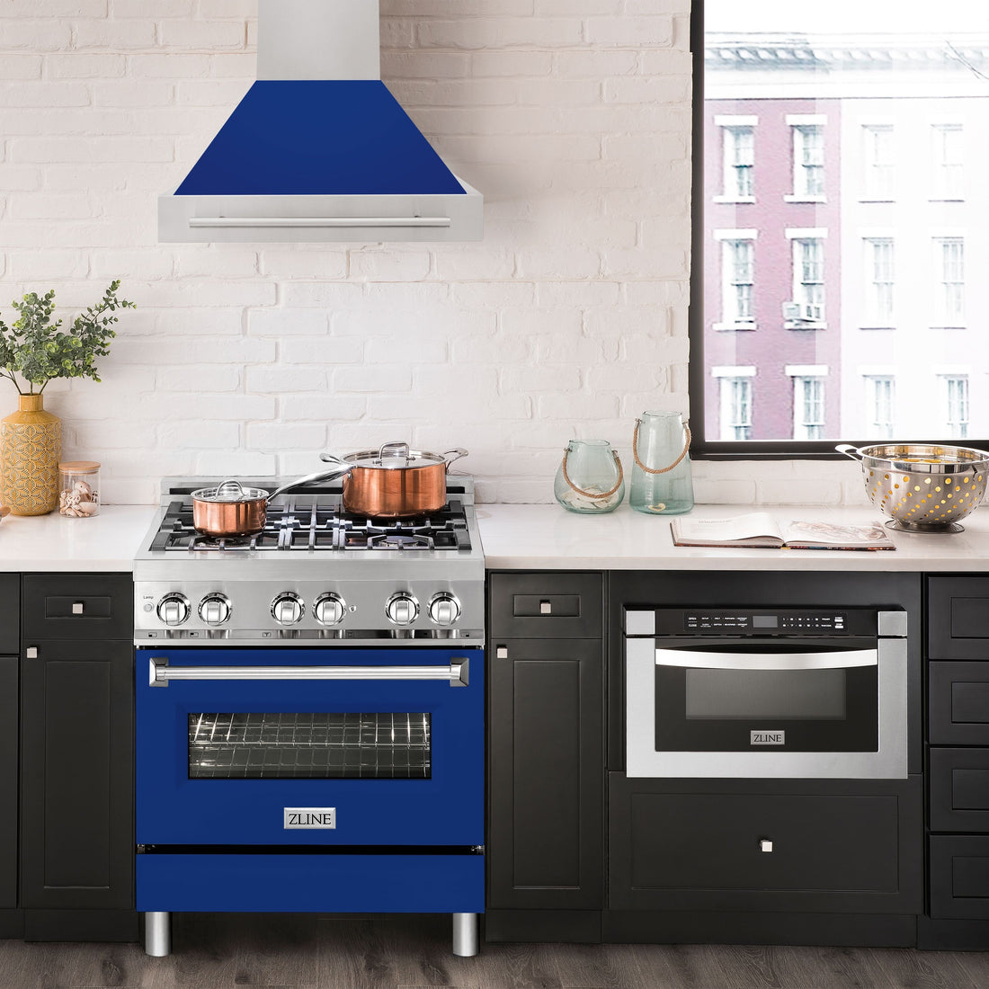 ZLINE 30 Inch Wall Mount Range Hood Stainless Steel Blue Gloss Shell 4-Speed Fan LED Lighting (8654STX-BG-30)